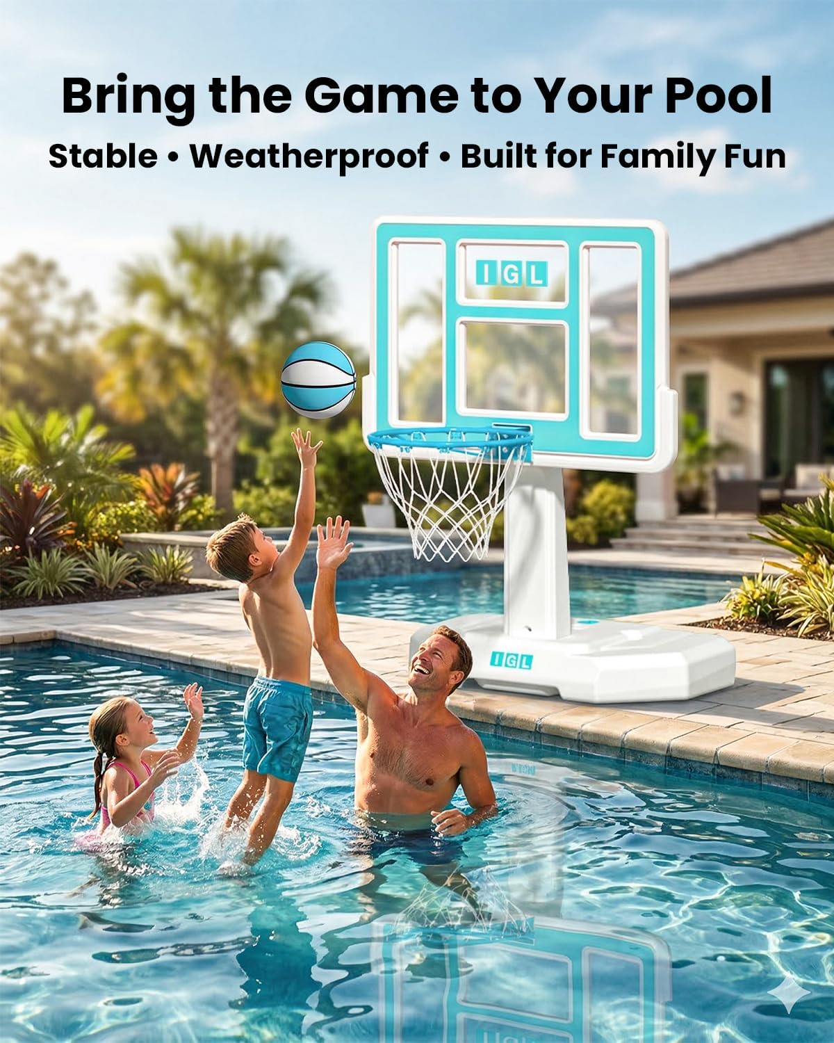 IGL Pool Basketball Hoop - Portable Swimming Pool Goal with 28/32/36/44 Inch PC Backboard, Water-Filled Base for Stability, Includes 2 Balls & Pump - Outdoor Summer Fun Game for Kids & Adults