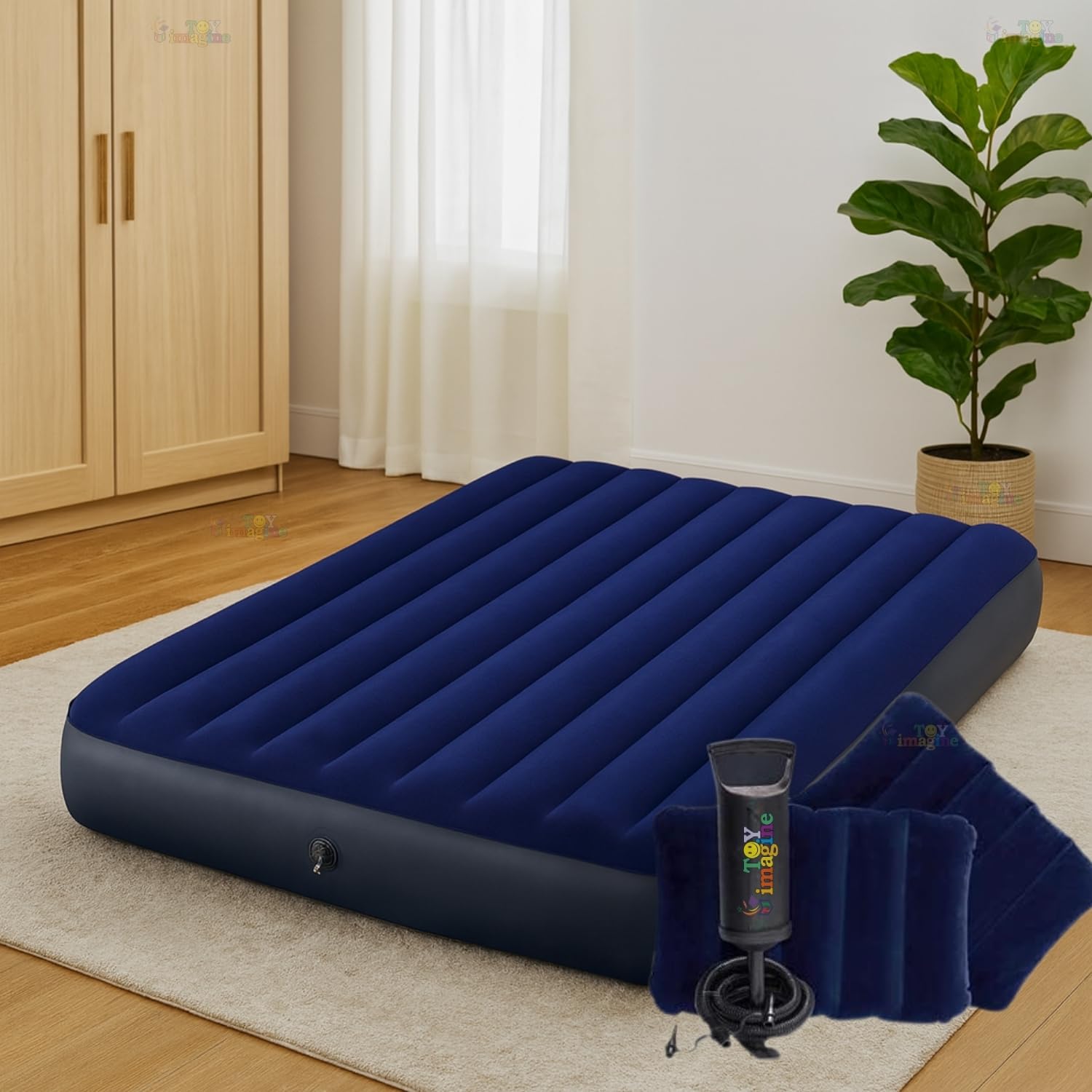 Toy Imagine Dura-Beam Standard Downy Air Mattress 10" Queen with Double Quick Hand Pump and 2 Inflatable Pillow for Home & Camping - Polyvinyl Chloride, Blue