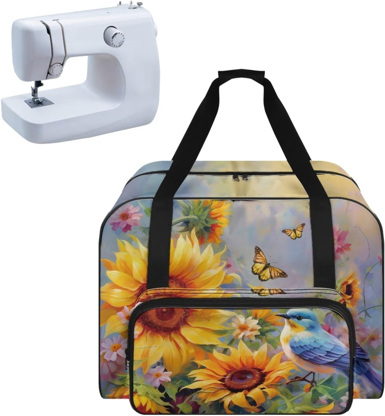 Hummingbird Sunflower Sewing Machine Handbag Suitcase Travel Storage Bag Sewing Machine Carrying Case with Pockets, Portable Sewing Case for Outdoor Traveling Camping Use