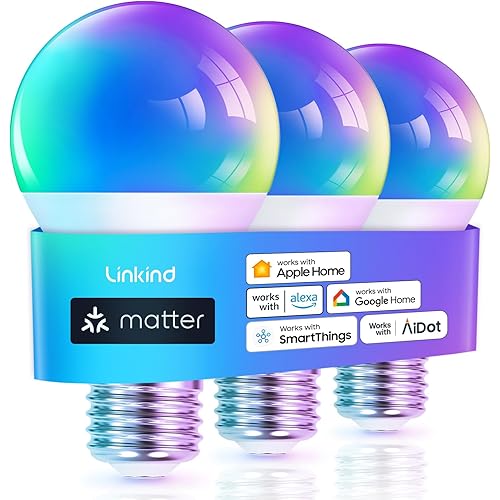 Linkind Matter WiFi Smart Light Bulbs Work with Apple Home, Siri, Google Home, Alexa, SmartThings, RGBTW Color Changing Light Bulbs Music Sync, Mood Lighting, 2.4Ghz WiFi Only A19 E26 60W 800LM 3 Pack