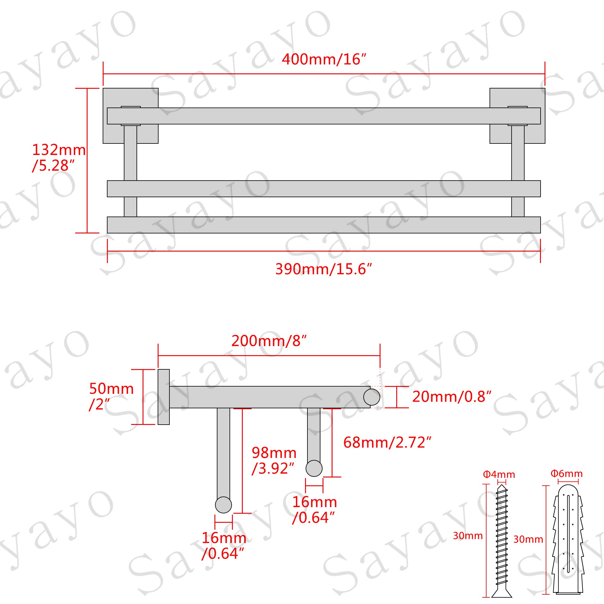 Sayayo Porta Asciugamani Bagno Doppio Porta Asciugamano da Parete, 40CM Porta Asciugamani Bidet Acciaio Inossidabile SUS304 Grigio Argento