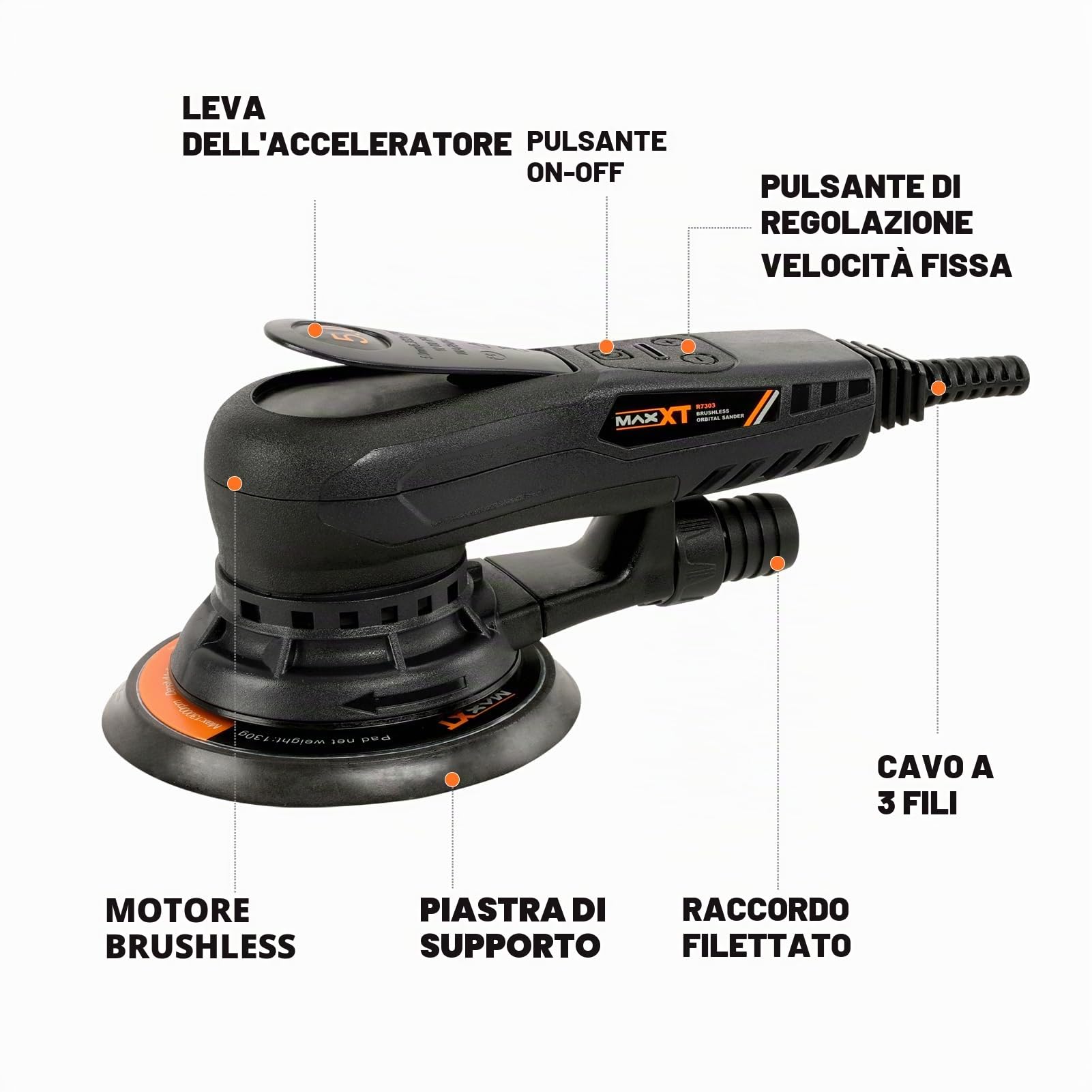 MAXXT Aggiornato da 5,0mm Levigatrice Orbitale Casuale Brushless Multifunzione a Velocità Variabile con 10 dischi abrasivi da 150mm per la Lavorazione del Legno