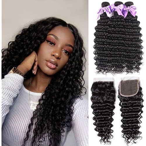 8A Brazilian Virgin Hair Deep Wave Human Hair Bundles With Closure Free Part 100% Unprocessed Virgin Human Hair Deep Curly Bundles and Closure 4x4 No Shedding (20 22 24 26+18)