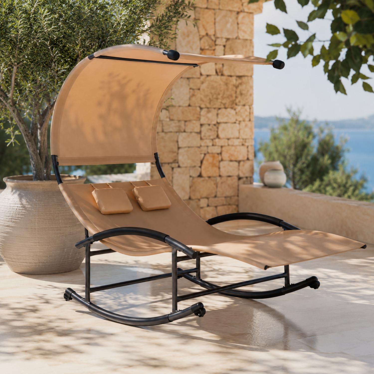 Lettino 2 Posti Dondolo Prendisole Con Parasole E Cuscini Integrati Ergonomico In Textilene Traspirante In Acciaio Ideale Per Giardino Piscina Outdoor 140x200x185 Cm Beige