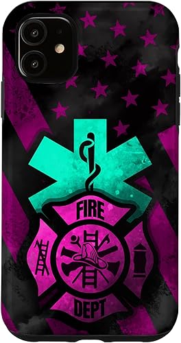 Funda para iPhone 11 EMT EMS Firefighter Pink Turquoise Fire Rescue American Flag