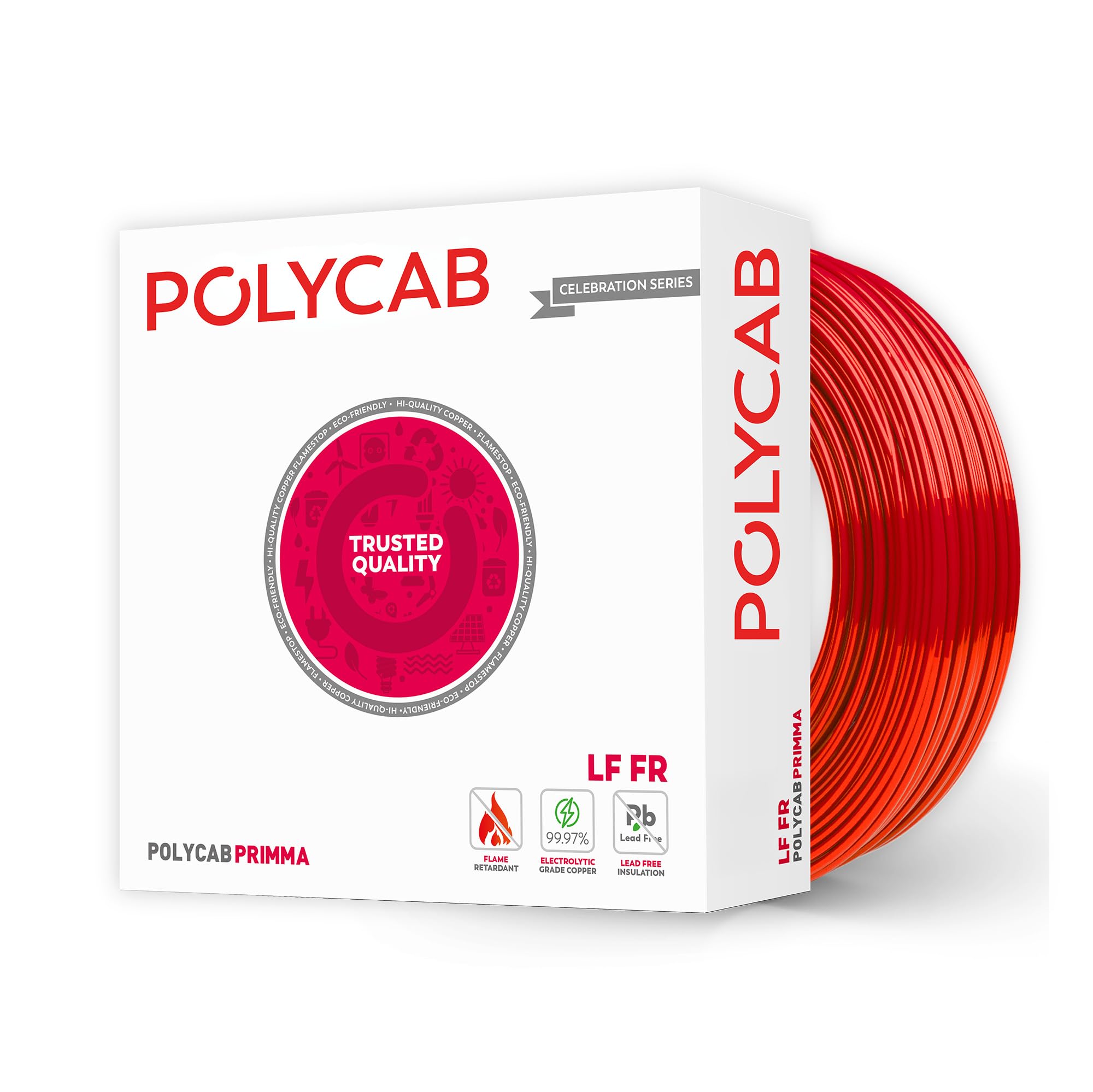 Polycab Primma 90m, 4sqmm. •Heat Resistant •Eco Friendly • Lead free PVC insulation •Mositure resistant •Flame Retardant •99.97% Electrolytic Grade Copper【Red】