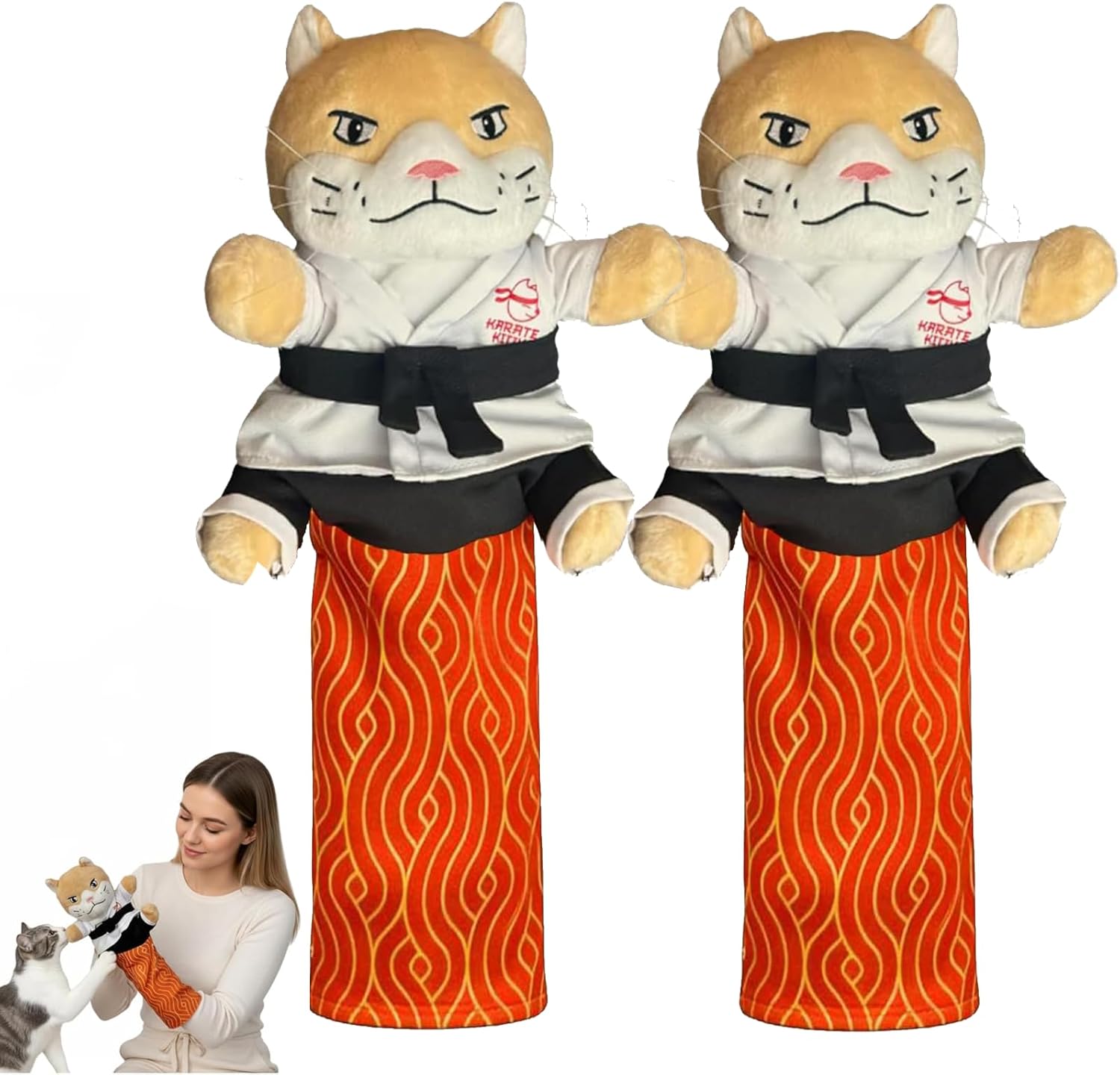 Karate Kitty Puppet, Cat Wrestling Glove with Protective Forearm Sleeve, Interactive Cat Puppet Wrestler Toys for Kitten Adult Cats, Safe Play (2pcs)
