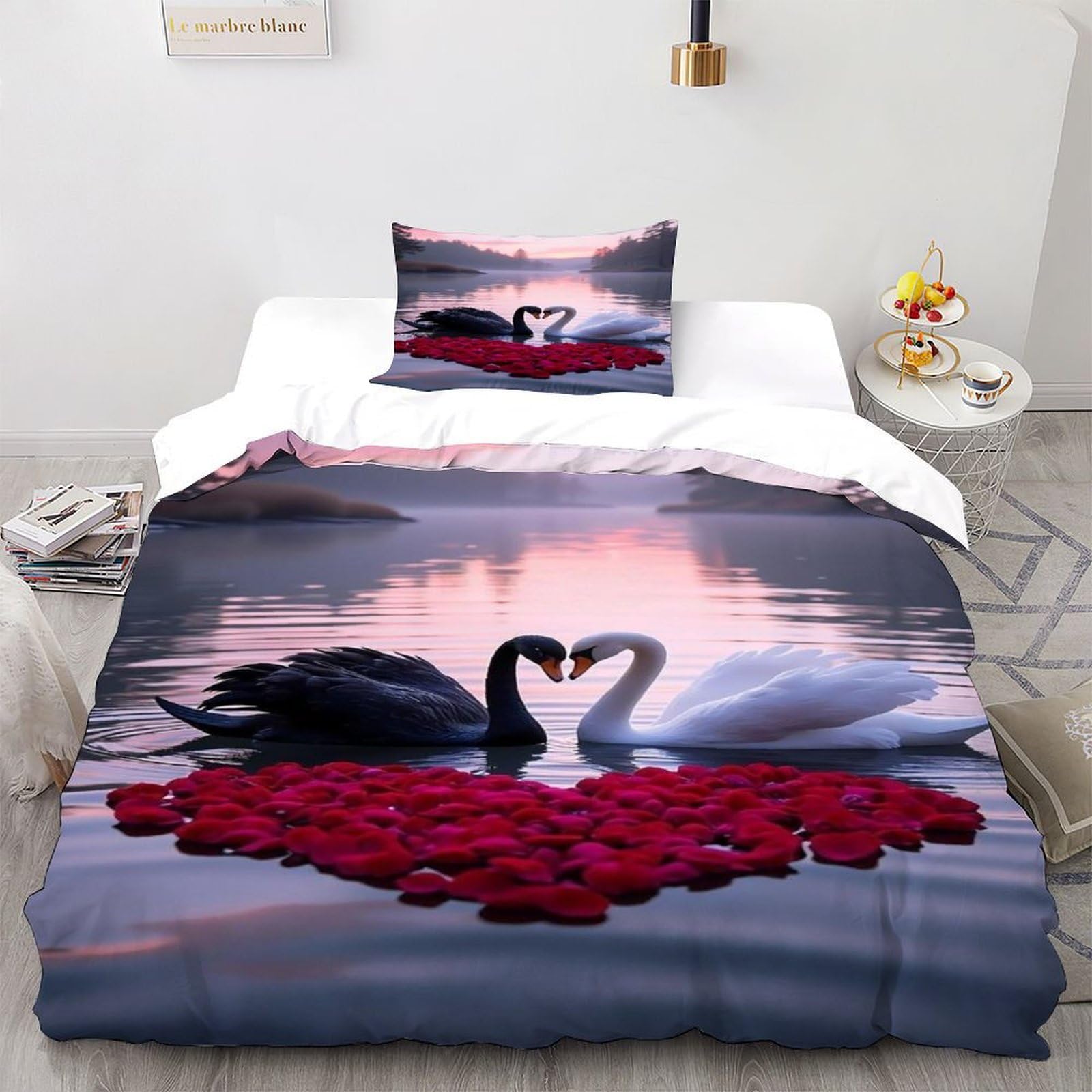 Housse de couette single Amour Swan avec taie d'oreiller 135x200cm motif animal 3D
