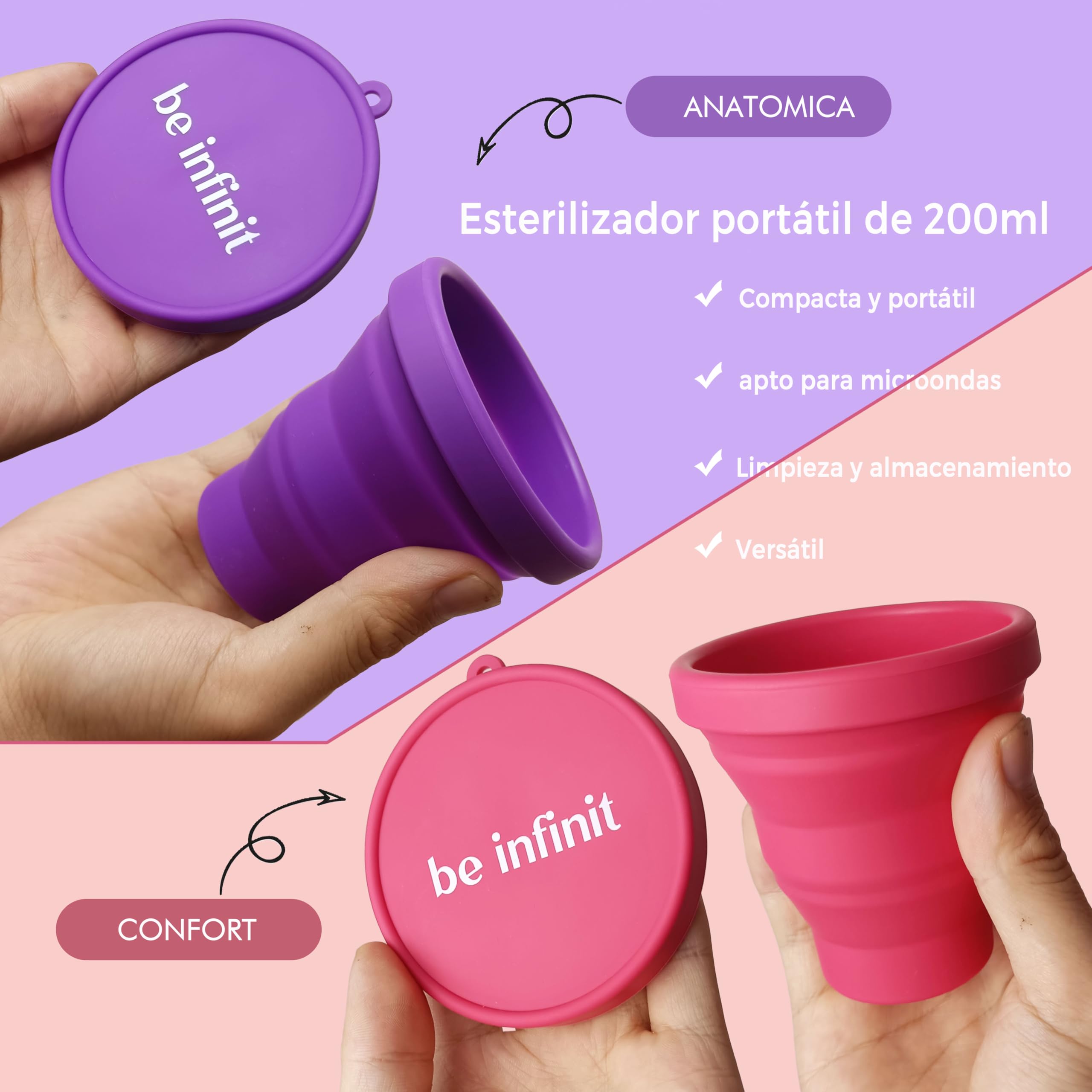 Copa menstrual BE INFINIT un modelo para cada estilo-tus días relajados-tus días de exigencias, Ideal deportistas-2 copas+vaso esterilizador+bolsa portable-2 modelos-SILICONA GRADO MEDICO-CONFORT S