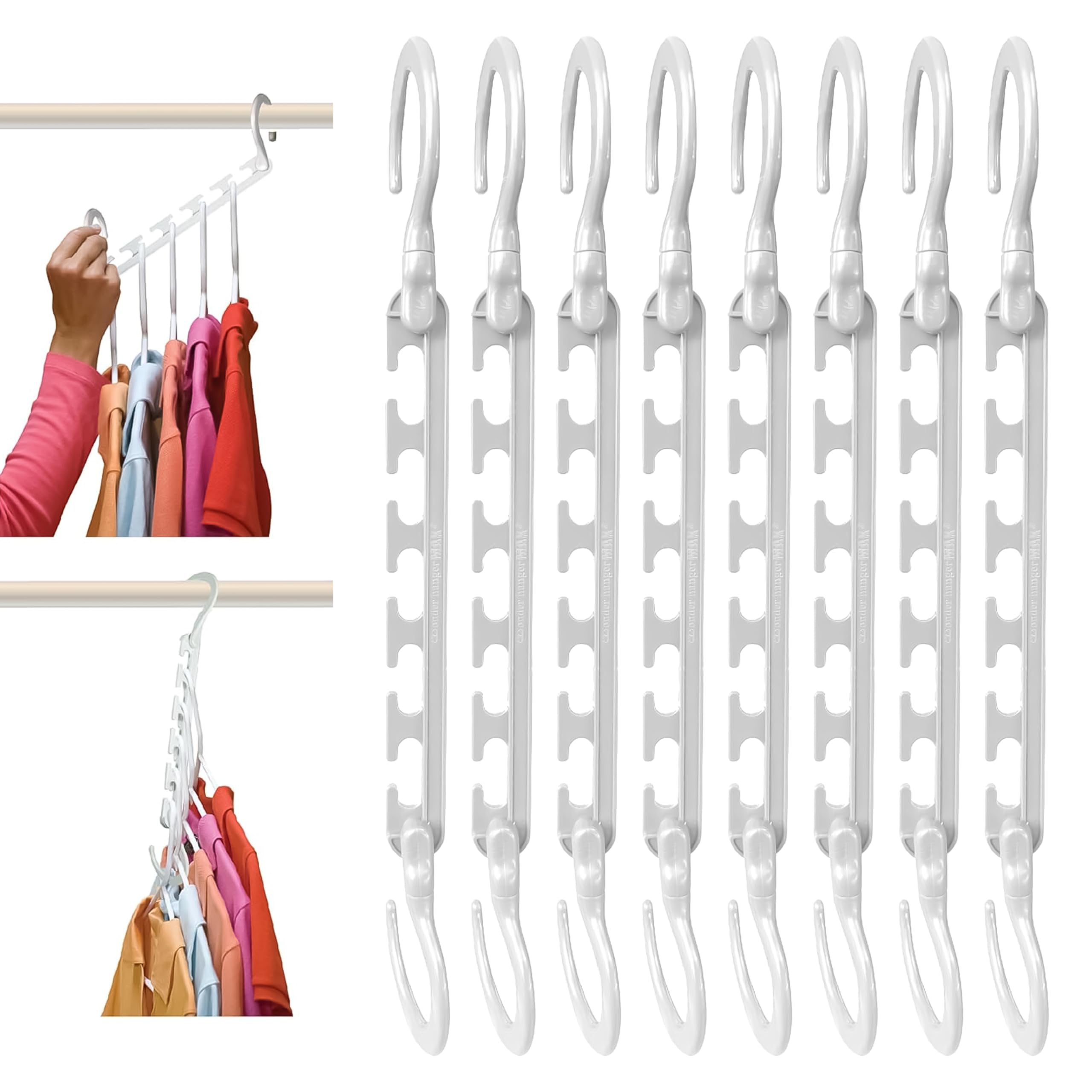 Plastific White Space Saving Multi Hanger Organizer Pack Of 8 Closet Cascade Hangers | Vertical Clothes Hanger Connector, Plastic Wardrobe Organizer For Shirts Pants Dresses Closet Storage