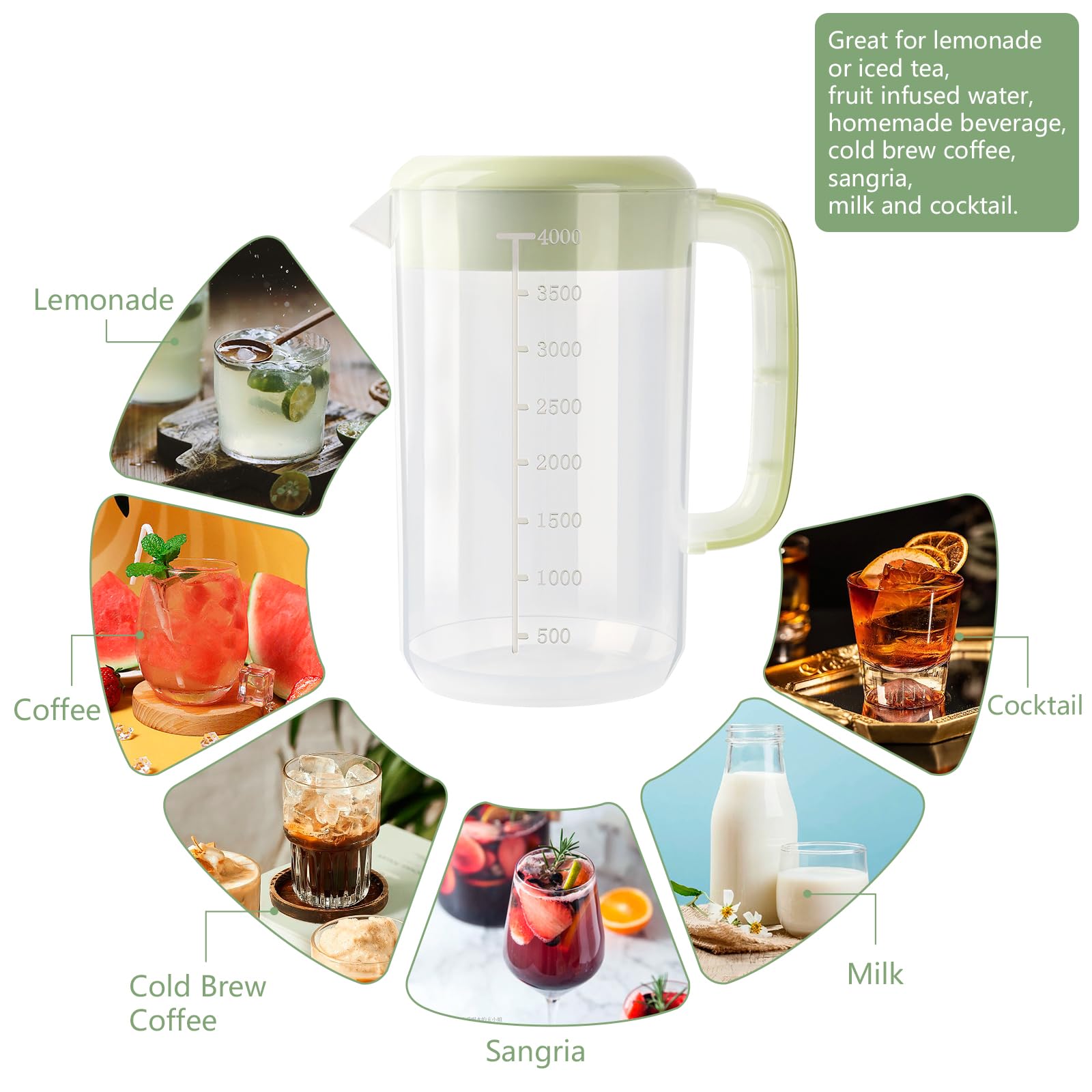 Jarra de plástico transparente de 1 galón y 4 litros con tapa, paquete de 2 jarras de agua transparentes para bebidas frías, jarra de té helado para limonada, té helado, leche, jugo, bebidas.