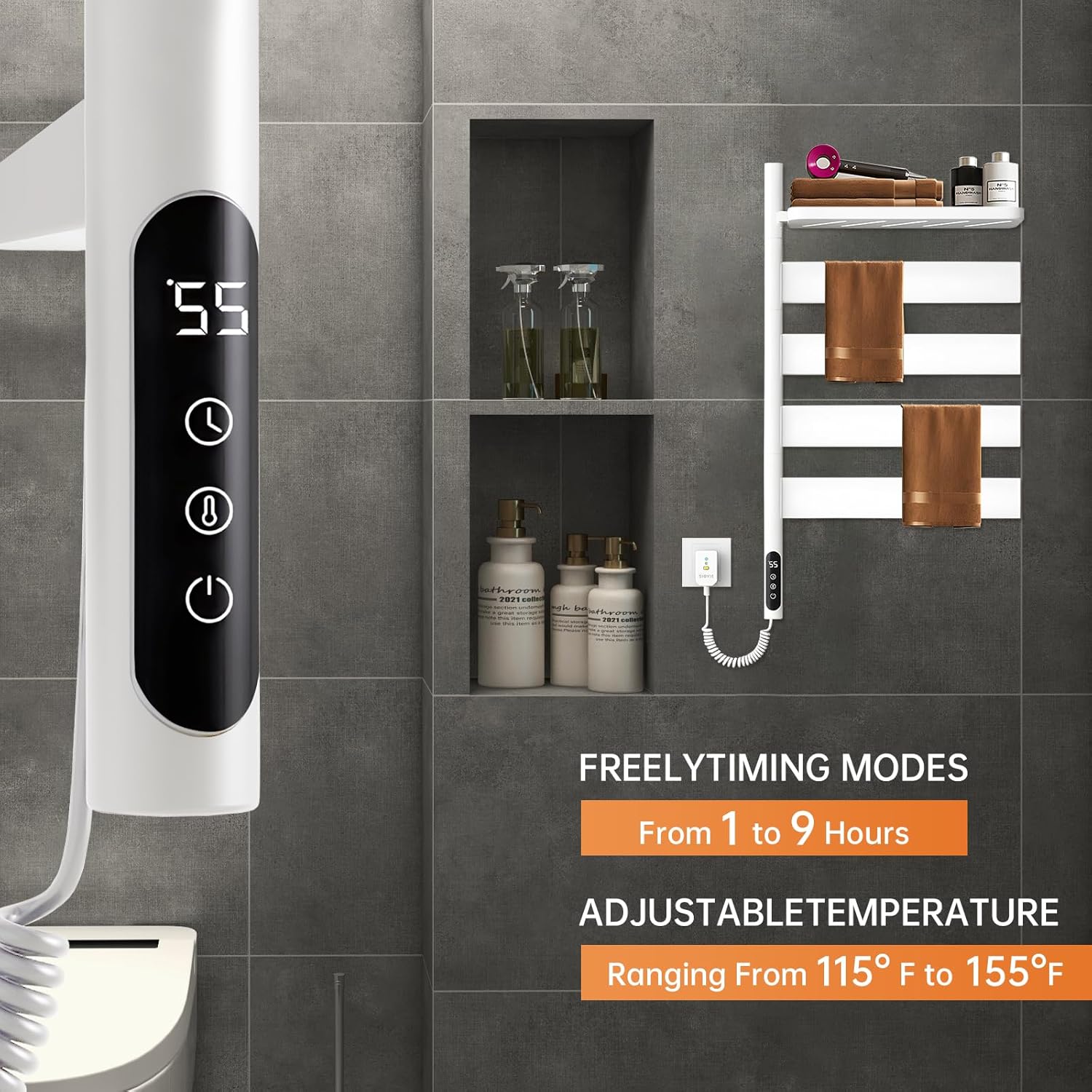 Heated Towel Racks for Bathroom, 180° Swivel Electric Towel Warmer Rack with Tray, Wall Mounted 4 Bars Hot Towel Dryer with Touch Panel, Multi-Level Timer & Temperature Adjustments (White-02)