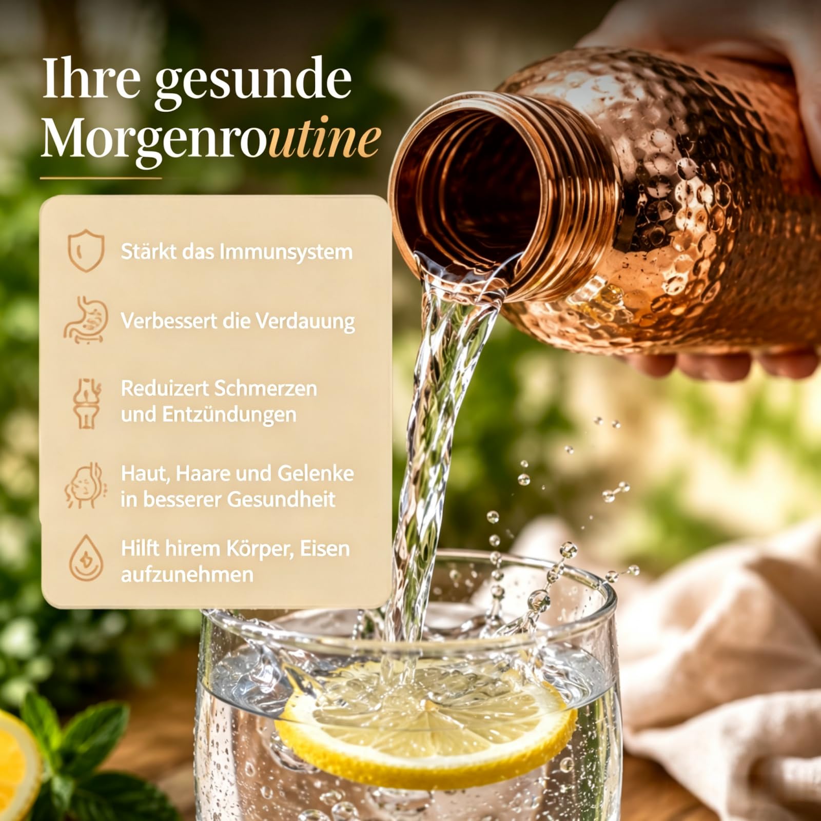 MEIION Alma Pure Kupferflasche,Handgefertigt,Antimikrobiell | 99,99% Reine Gehammerte Kupfer Wasserflasche 800 ml,Auslaufsicheres Nahtloses Design,Keine Innenbeschichtung