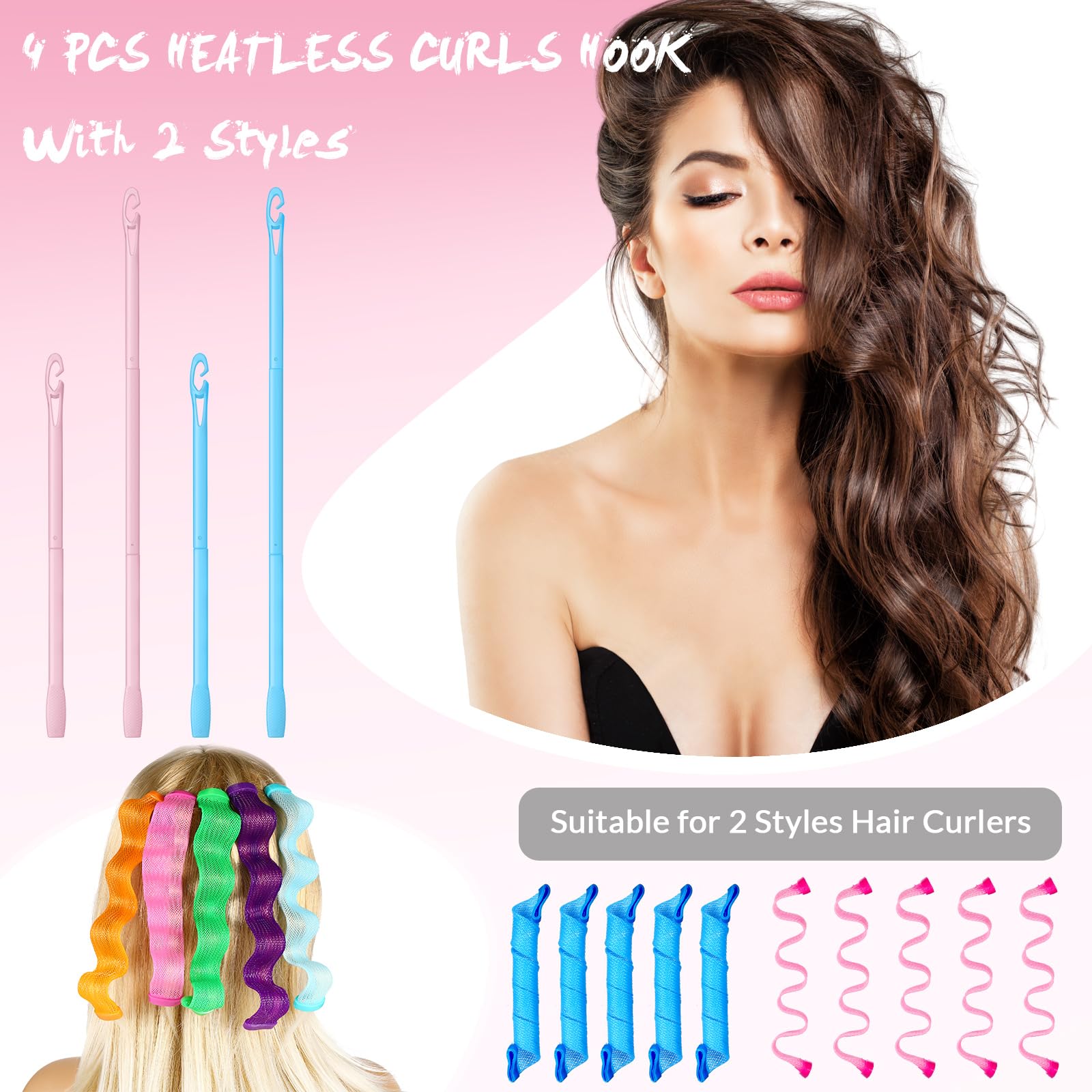4 rizadores de pelo en espiral sin calor para rizadores de cabello de onda larga, espirales sin calor en longitudes de 13. 8 y 22 pulgadas (azul claro, rosa) 4