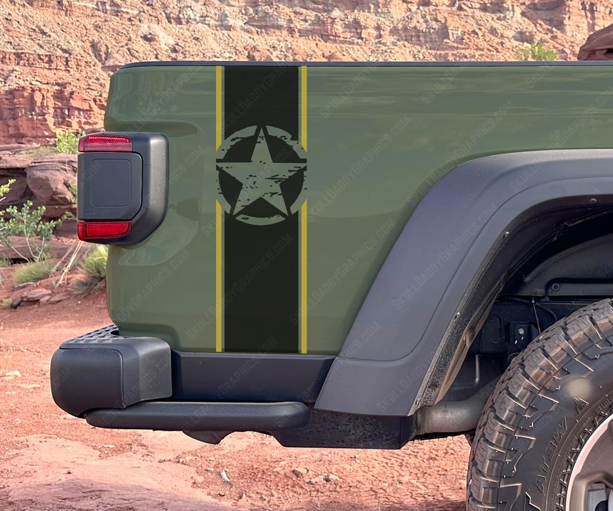 Skull Daddy Graphics Distressed Star Bed Side Stripe Decal to fit Jeep Gladiator JT 2020-2026 (Gloss Black)