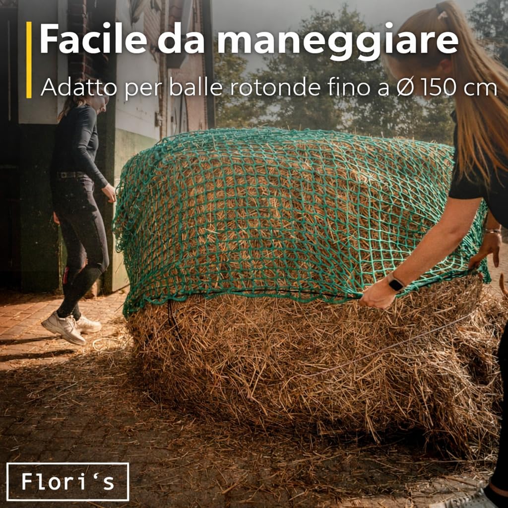 Flori's® Rete da Fieno per Balle Tonde – Ø 150 cm, Altezza 150 cm – Maglia 4,5 x 4,5 cm – Rete da Fieno Stabile per Cavalli per un'alimentazione Naturale - Rete per Balle Tonde per Fieno, Rete da