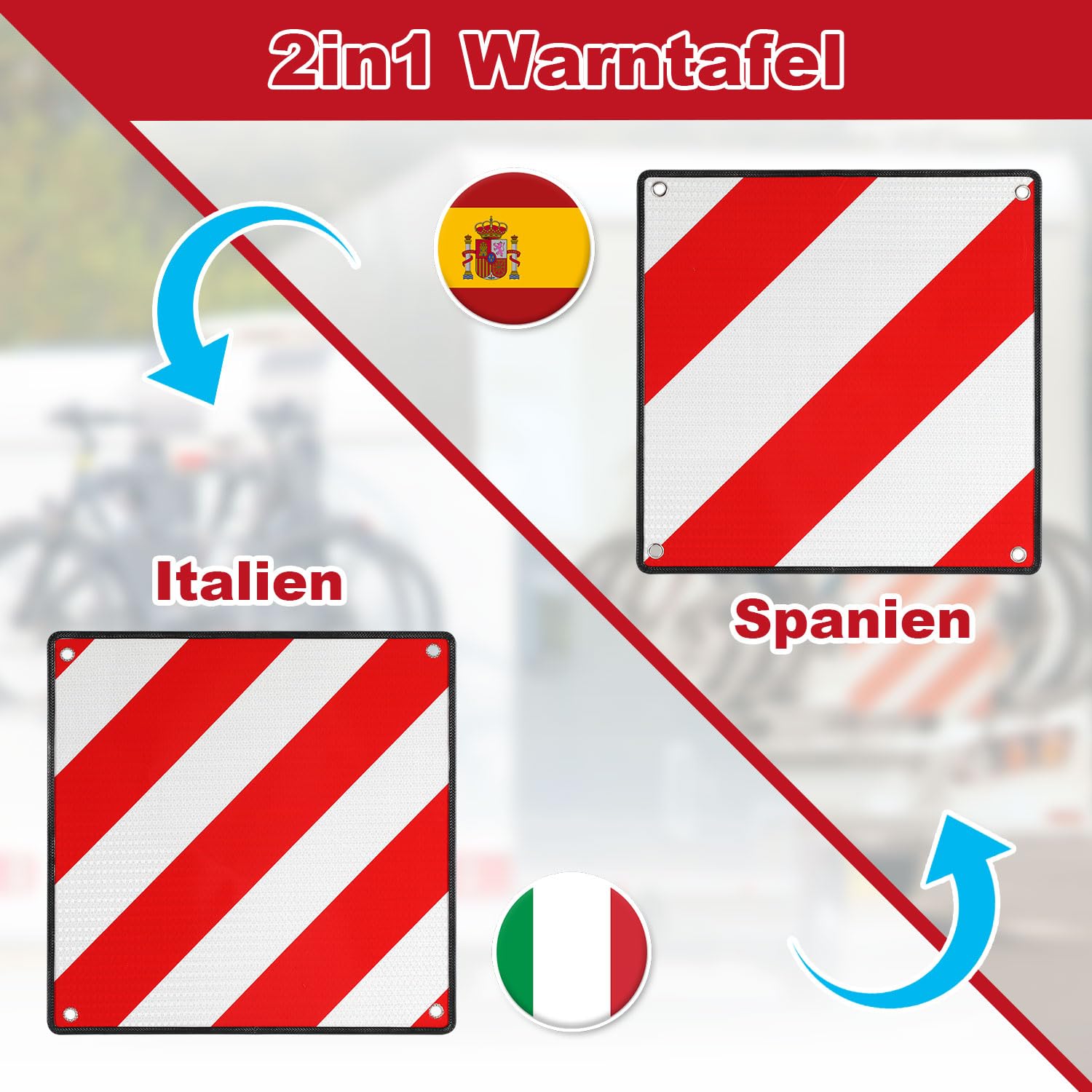 Lospitch Panneau d'avertissement Italien et espagnole 2 en 1, Panneau de signalisation en Aluminium pour l'Italie et 50x50cm, Panneau de signalisation réfléchissant pour Porte-vélos
