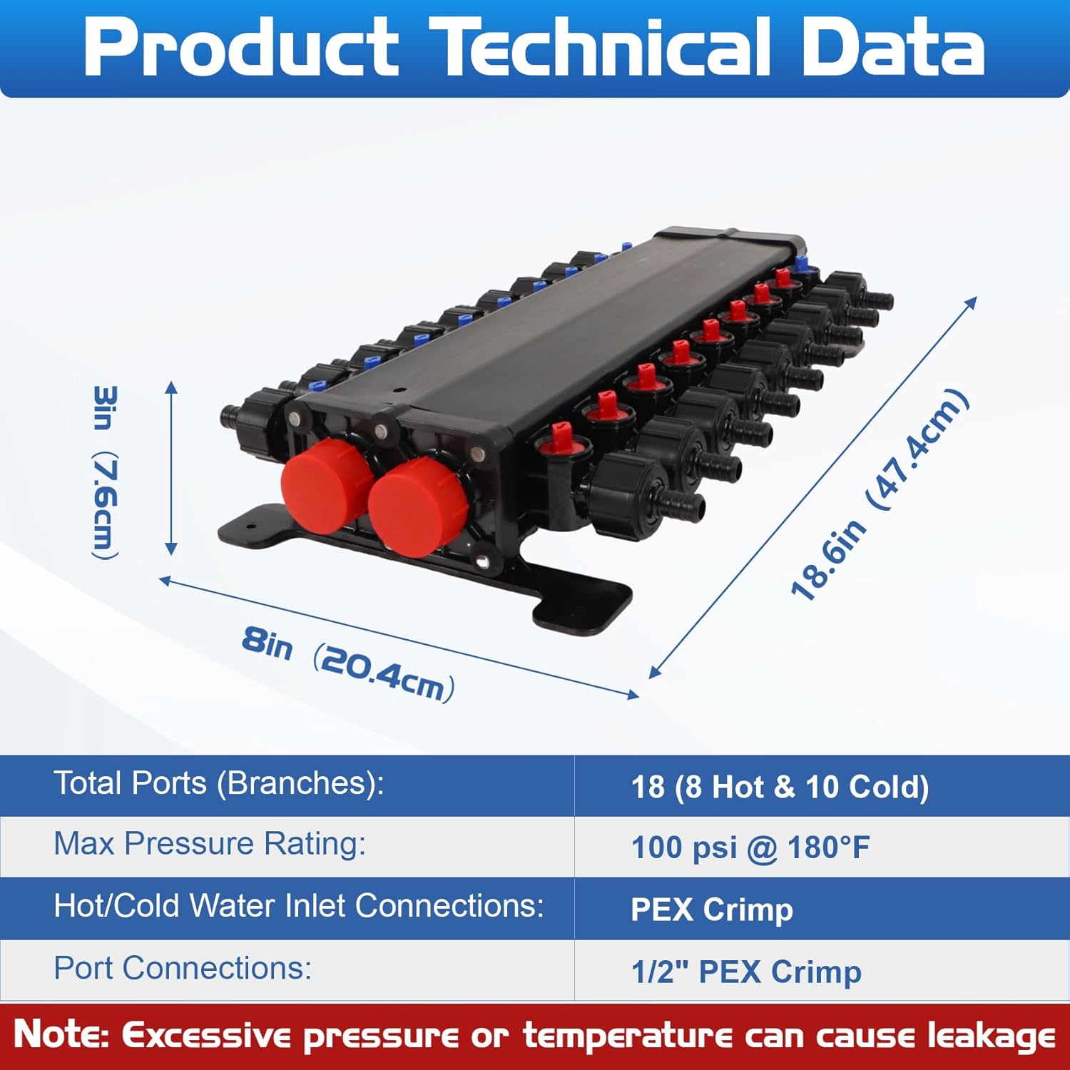 50250 18-Port Pex Manifold Compatible with Viega Manabloc,1/2 Zero Lead Poly Alloy PEX Crimp Manifold for Homerun Water Distribution System, Leak-Proof Valves，Suitable for crimping and PEX crimping.