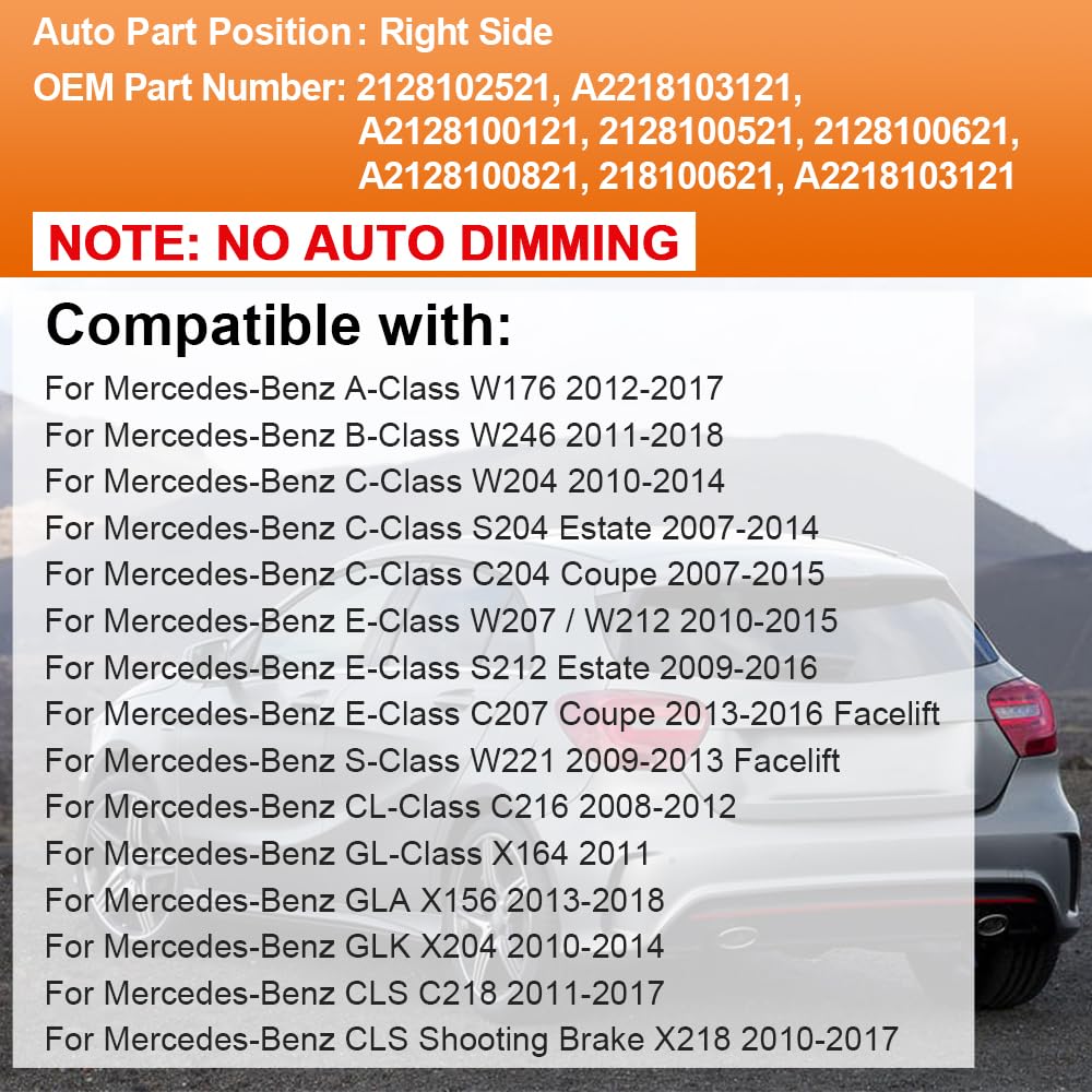 SENZEAL Cristal del Espejo Lateral del Pasajero Calefactado con detección de ángulo muerto para Mercedes-Benz Clase A B C E S W176 W246 W204 W212 W221 GLA CLS (Sin atenuación automática)(Derecho)