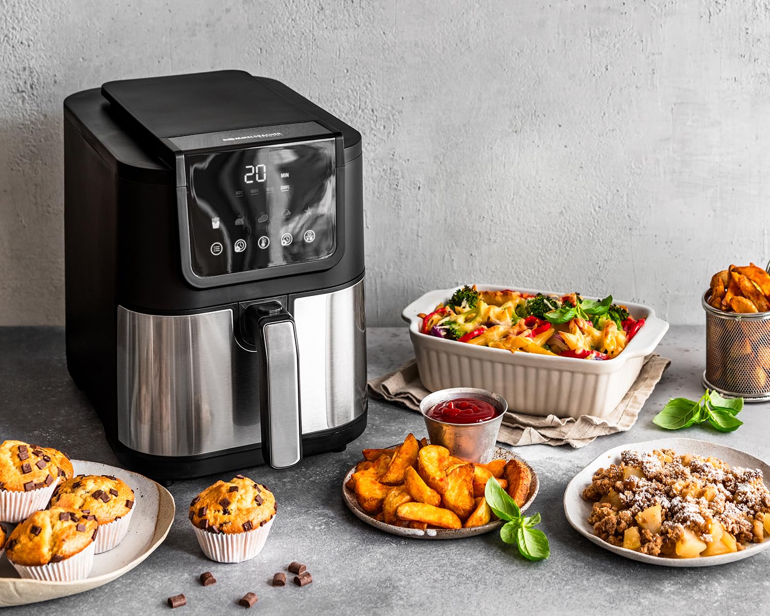 ROMMELSBACHER Freidora de aire caliente FRH 1500, espacio de cocción XL de 5 litros (aprox. 18 x 26 cm) para 800 g de patatas fritas, funcionamiento muy silencioso 45 dB (A), 5 programas + 4 niveles