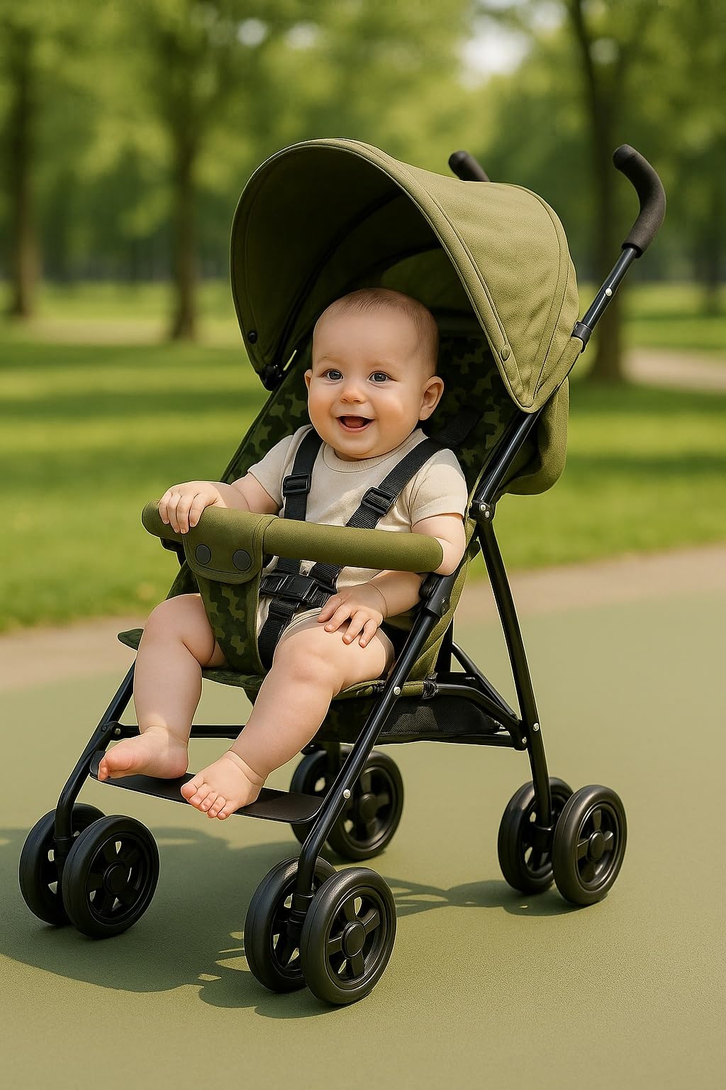 TOBY Light Weight Foldable Comfort Baby Stroller in Camouflage Print with Canopy & Smooth Wheels & Safety Harness | Compact Travel Pram for Baby-image-19