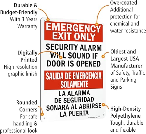 Miniatura 9 de SmartSign Letrero bilingüe "Solo salida de emergencia la alarma de seguridad sonará si la puerta está abierta", plástico de 10 x 14 pulgadas