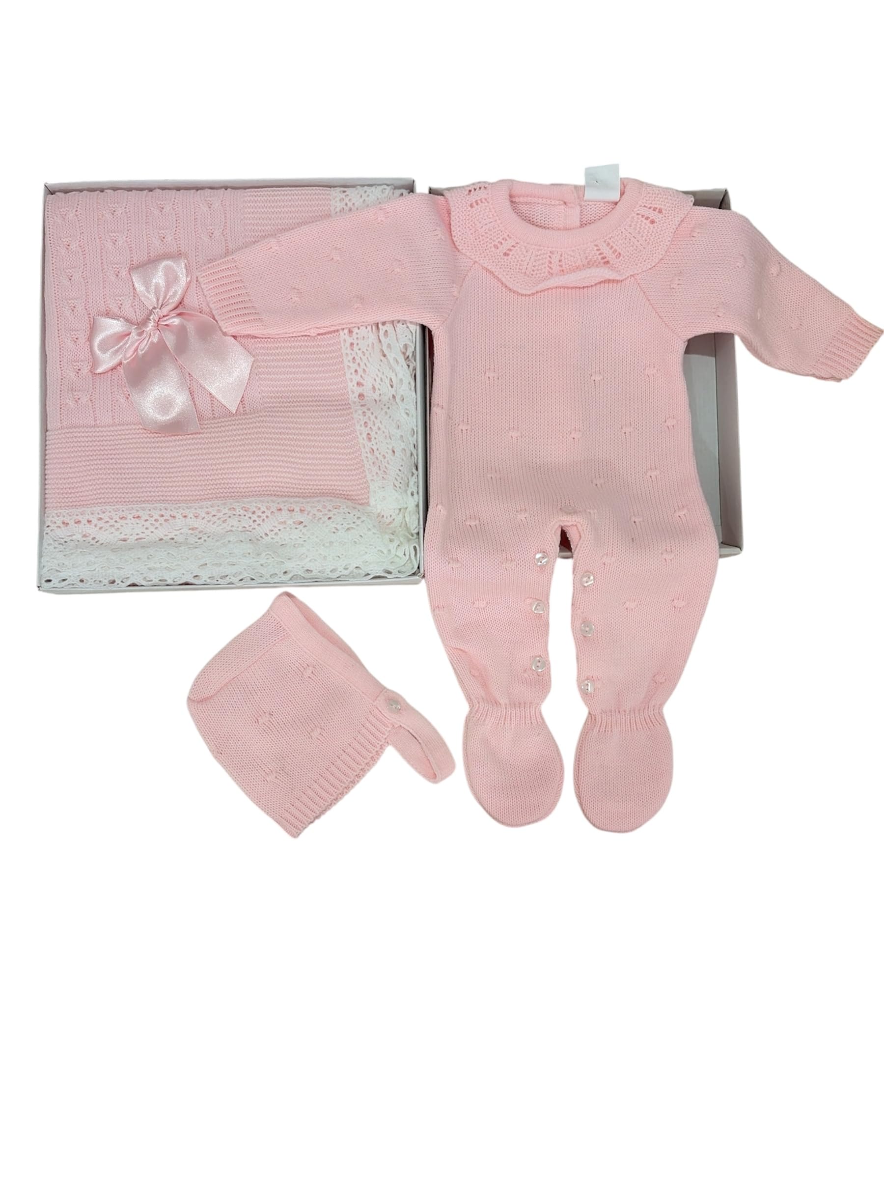 Genérico Conjunto de Bebé de 3 Piezas, Suéter de Punto Rosa con Lazo, Pantalón, gorro y Manta, Tejido Delicado. Talla única. Recién nacido. Niña