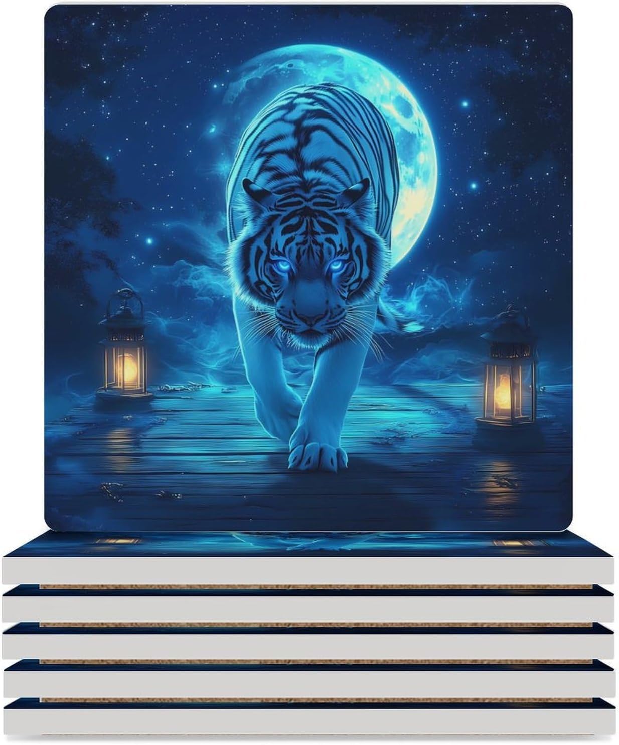 White Tiger Moon Starry Sky Ceramic Coasters Square Drinks Coaster Coffee Table Decor Table Coaster for Home Bar