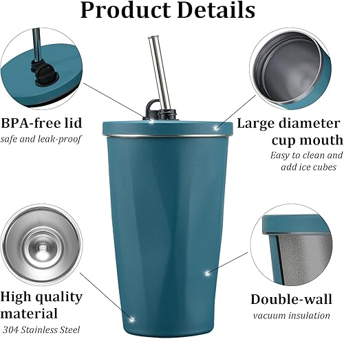 Miniatura 2 de Vaso de 20 onzas con popote y tapa, termo de acero inoxidable con popote retráctil, taza de café con aislamiento al vacío, taza de agua de viaje,