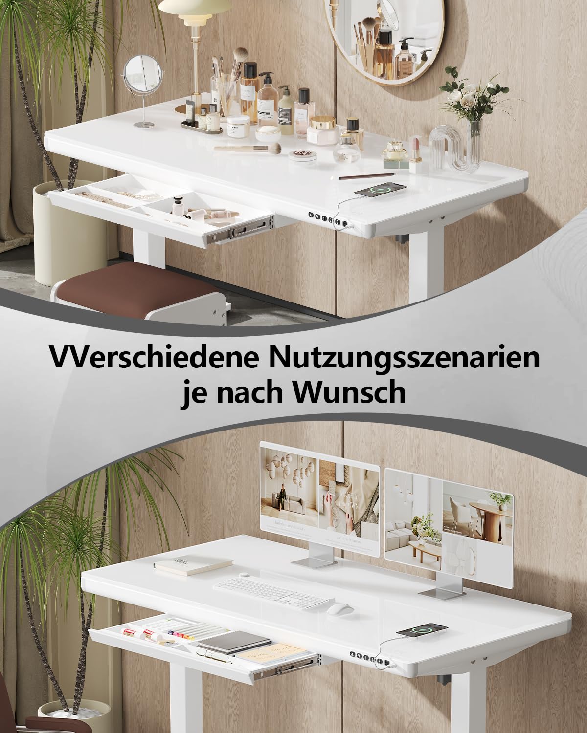 Homall Glas Höhenverstellbarer Schreibtisch, 140 x 70 cm Elektrischer Höhenverstellbarer Schreibtisch mit Schublade, Sitz- und Steh-Schreibtisch für Home Office, weiß