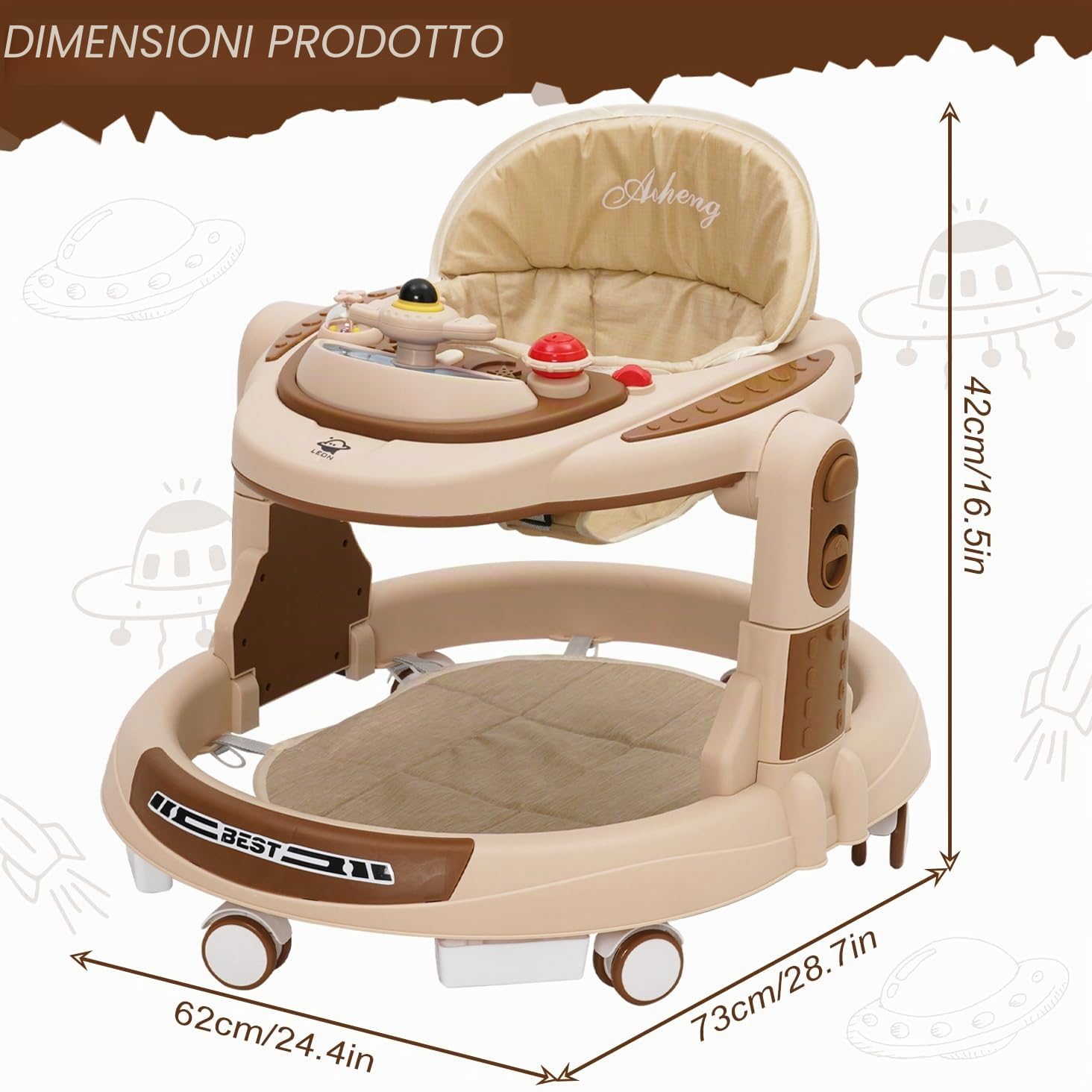 Girello Bambino,Girello 4 Altezze Regolabili,Cuscino Regolabile,BabyWalker con Ruote Silenziose a 360°,Piatto da Cena Facili da Pulire e Centro Giochi staccabili, Da 9 Mesi in su