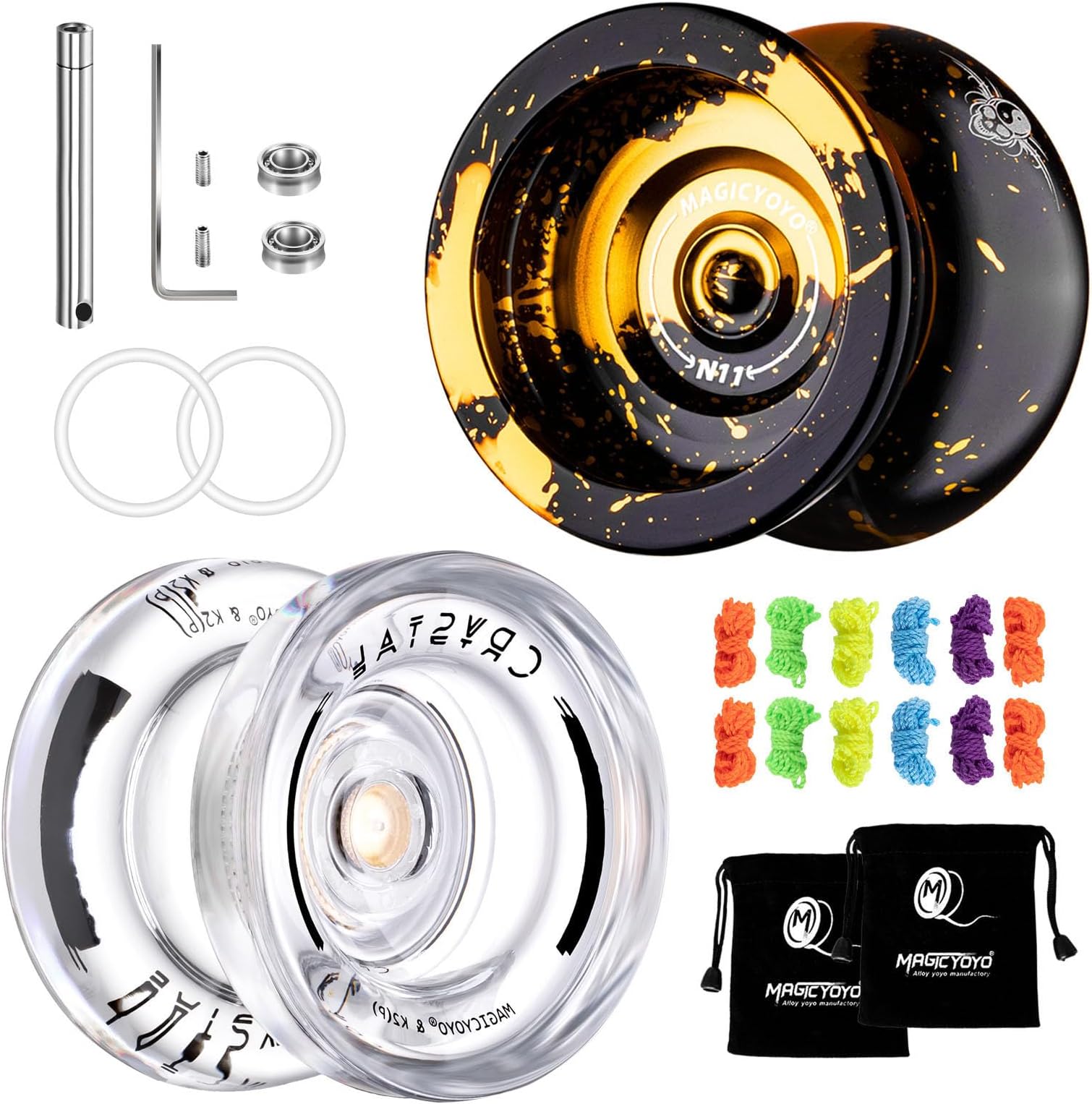 MAGICYOYO Responsive Yoyo Pack of 2 - N11 Black Golden Yoyo and K2 Crystal Fingerspin Yo Yo for Kids Beginners, Dual Purpose Yo Yyos with Unresponsive Bearings Kit, 2 Yo-yo Bags, 12 Yo-yo Strings