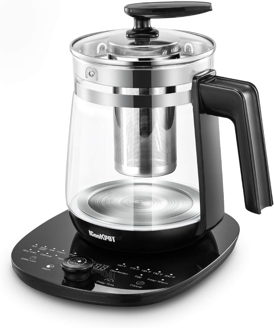 Multi-Use Electric Kettle Borosilicate Glass Tea Maker and Programmable Control Panel Base, Includes Filter, Egg Cooker and Yogurt Box, Keep Warm Function Water Pot Kettle, Black