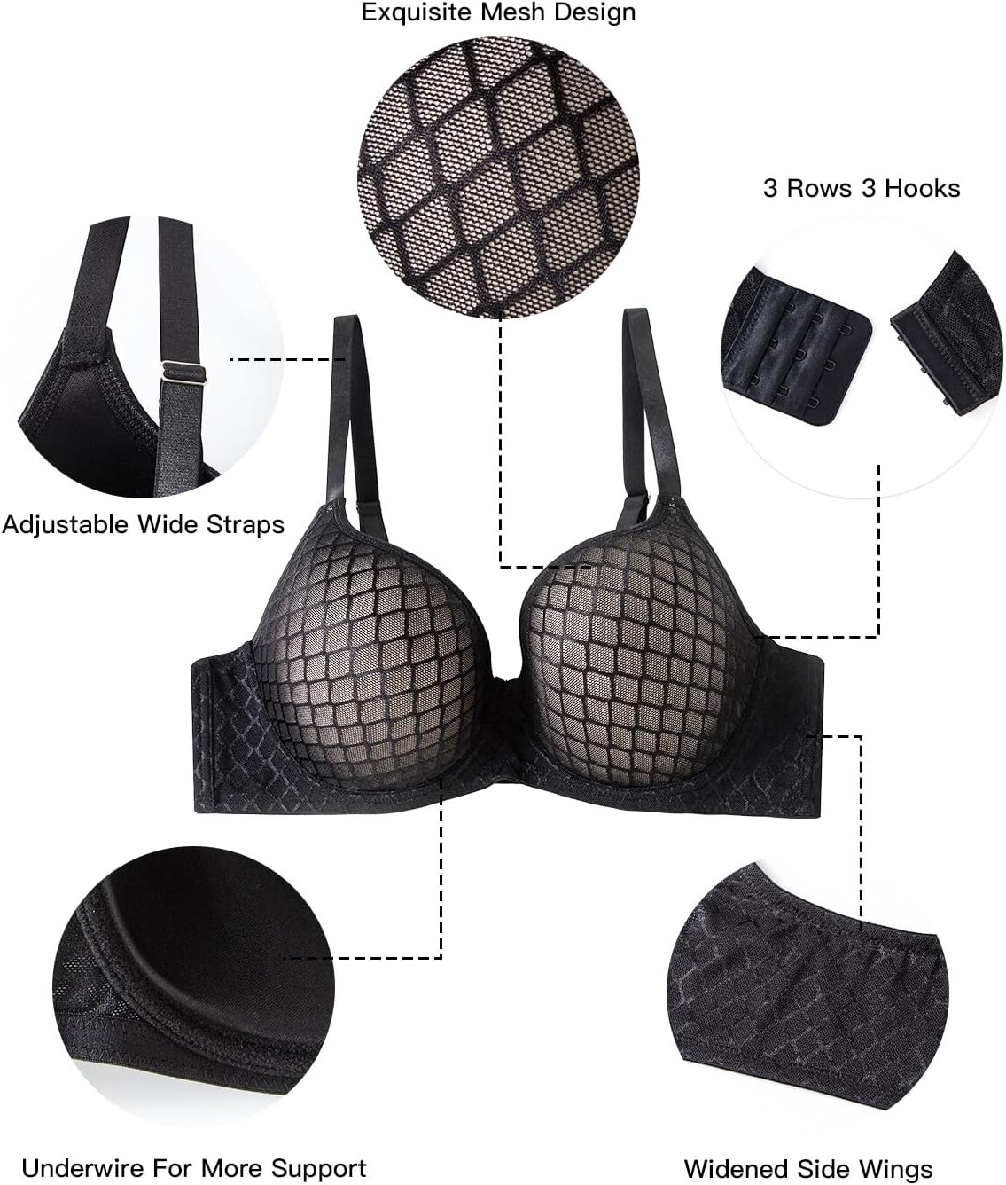 Women's Plus Size T-Shirt Bra Underwire Full Coverage Plunge V Neck Lightly Lined Molded Cups Lace Detail - Image 4