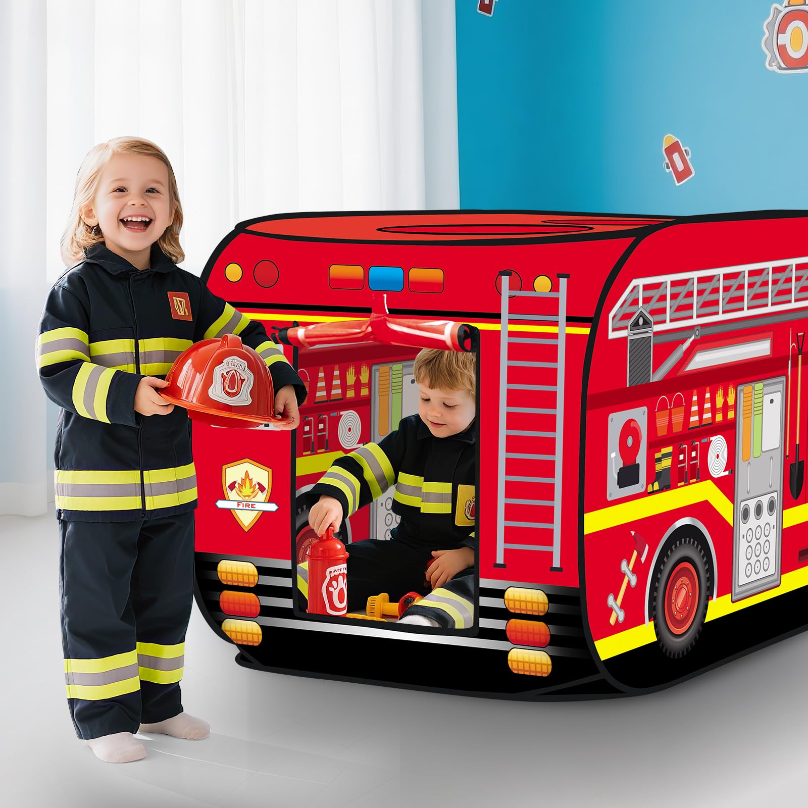 deAO Tente de Jeu pour Enfants Tente Jeux Conception Pop-Up Assemblage Rapide Activités Récréatives Intérieures et Extérieures Aire de Loisirs (Pompiers)