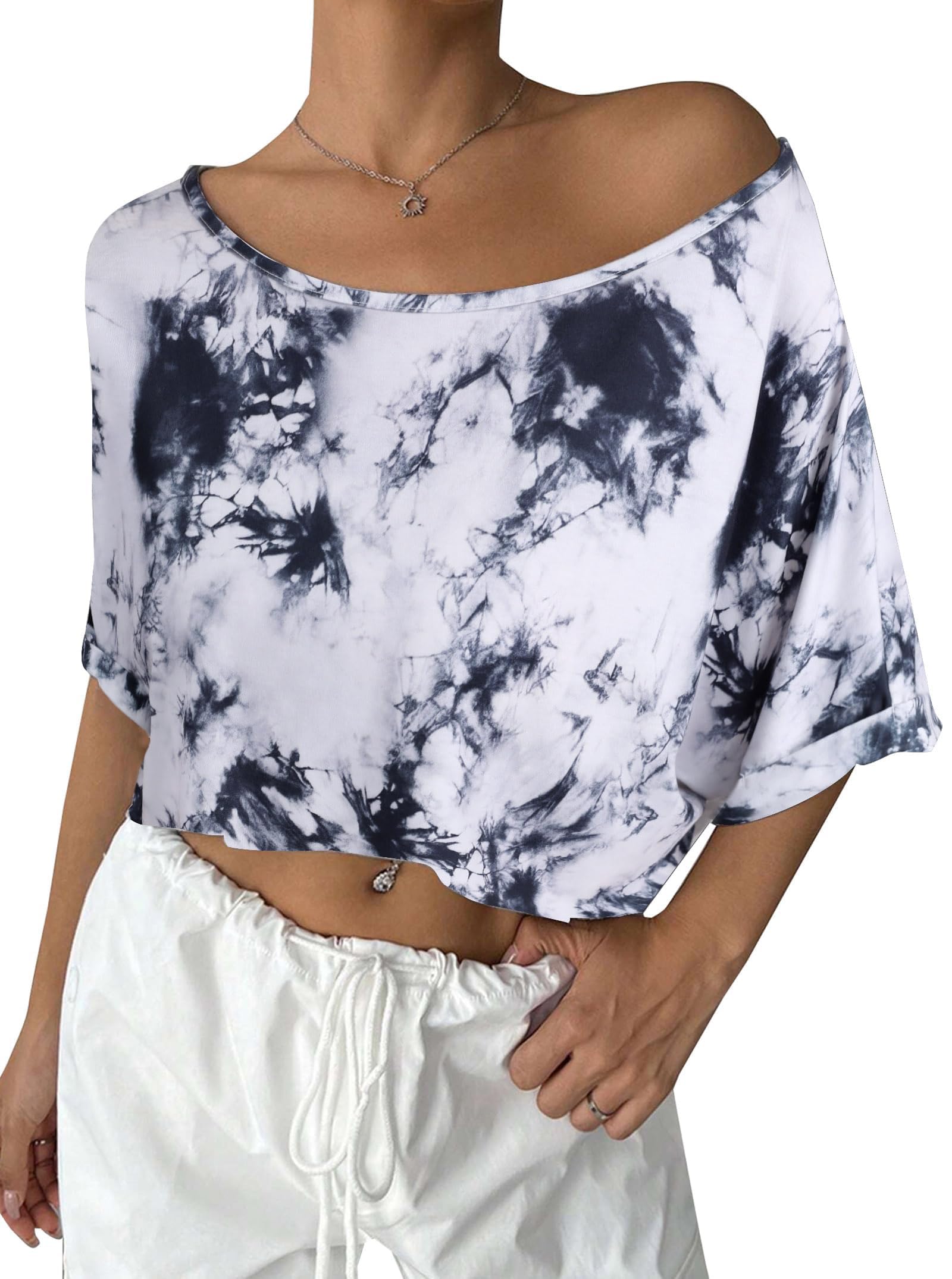 Remidoo Womens Off The Shoulder Tops Short Sleeve Crop Top Asymmetrical Neck T Shirt