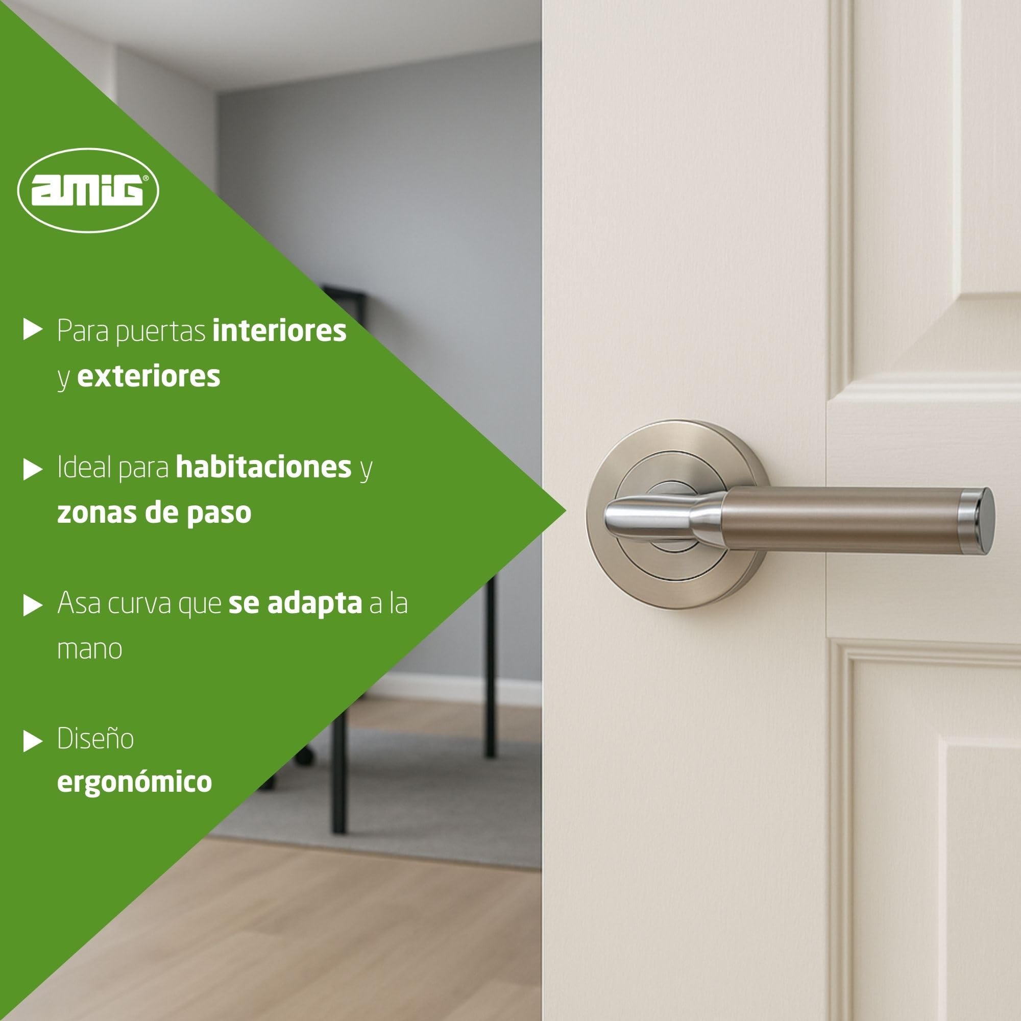 Amig - Pack de 4 Juegos de Manillas de Roseta para Puertas - Mod. RUMI - Ø52 mm - Cuadradillo de 8 mm - Manija de Diseño Elegante y Sencillo - Aluminio Níquel Cepillado