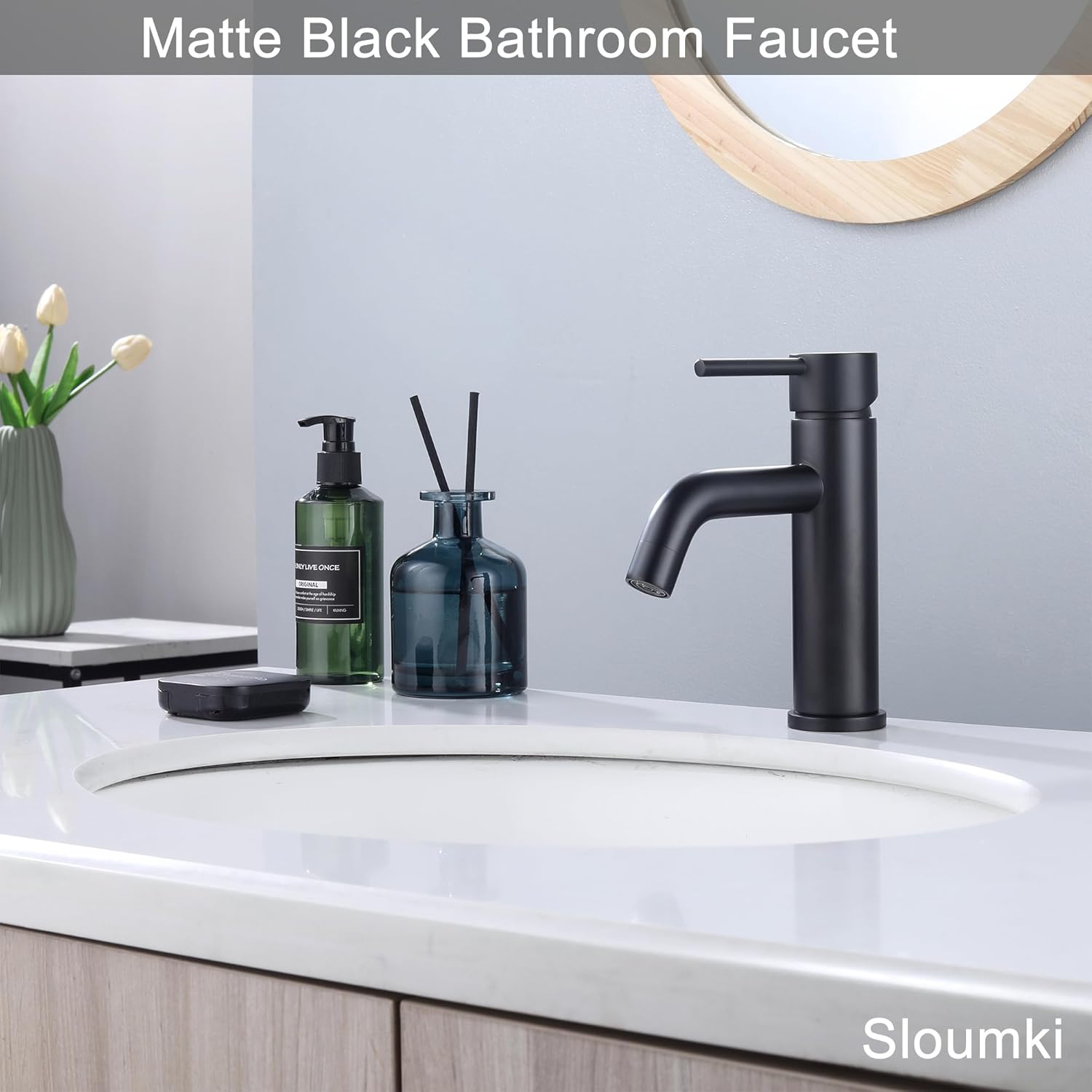 Bathroom Faucet Matte Black Modern Bathroom Sink Faucet with Single Handle Suitable for 1 or 3 Holes, Supply Deck Plate and Hose