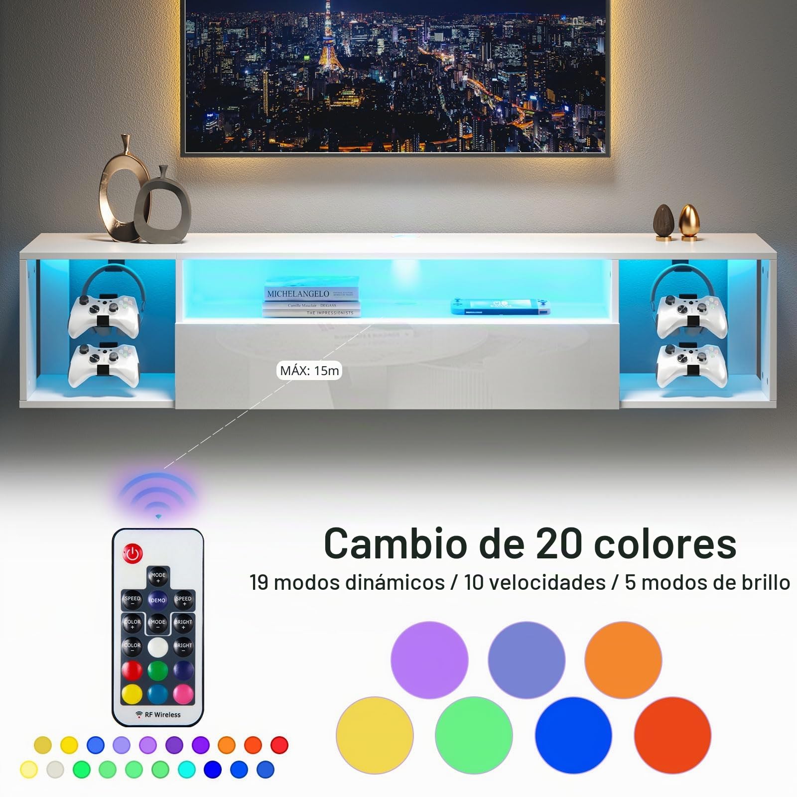 soges Mueble de TV Colgante para Centro de Entretenimiento con Luces LED, 140 cm Banco de TV montado en la Pared con Gestión de Cables, Soporte de TV, Blanco