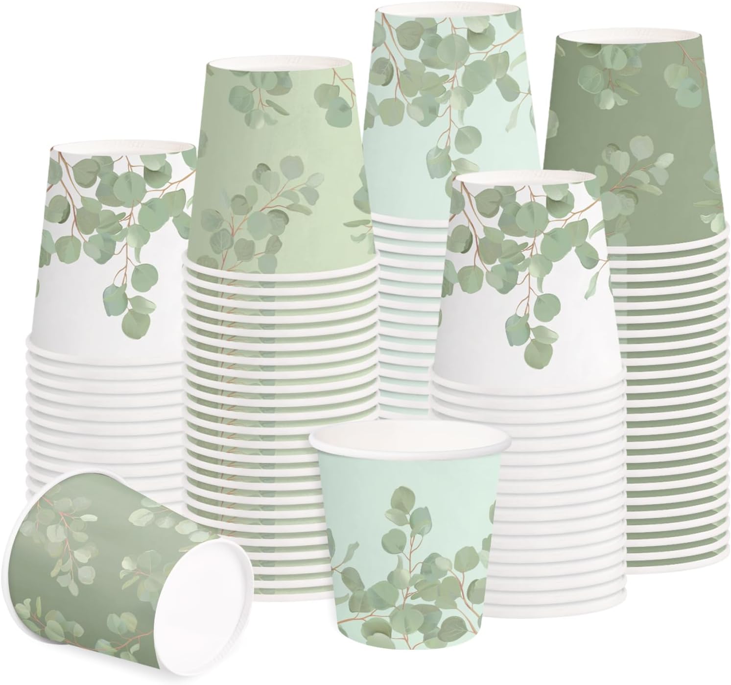 RUSPEPA 5oz Disposable Paper Cups, Bathroom Cups Small Mouthwash, 100 Pack Set Eucalyptus Leaf Design, Perfect for Hot/Cold Beverage Coffee, Dessert for Birthday Parties, Home-use, Picnic, BBQ, Travel
