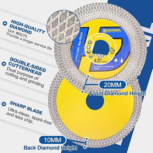 Miniatura 4 de HIGHDRIL Hoja de sierra de diamante de azulejos, 2 piezas de rueda de disco de corte de 4.5 pulgadas4.528 in para corte y molienda en secohúmedo de