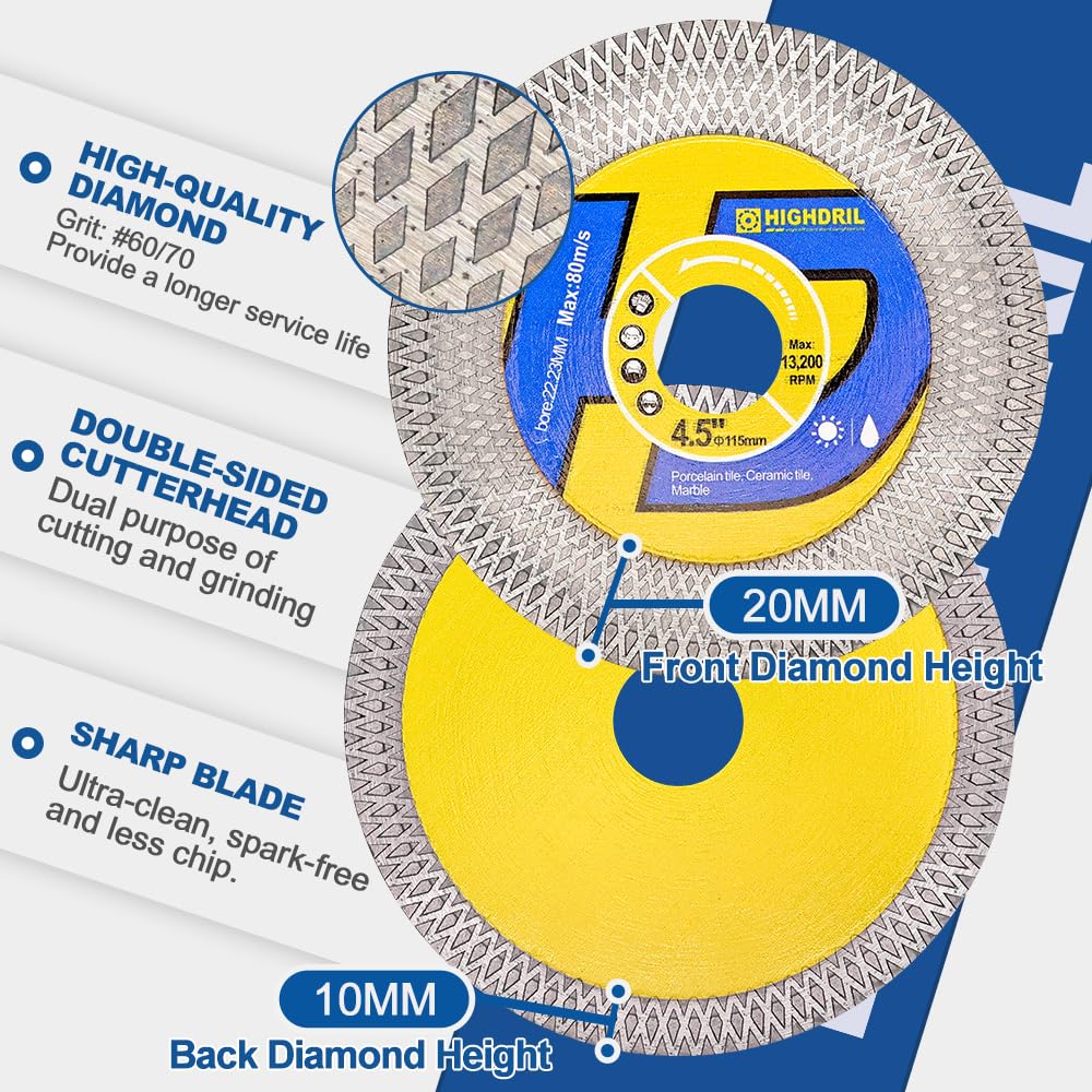 HIGHDRIL Tarcza diamentowa do płytek, 5 szt. tarcza tnąca 125 mm do cięcia na sucho/mokro i szlifowania porcelany, granitu, marmuru, ceramiki, sztucznego kamienia