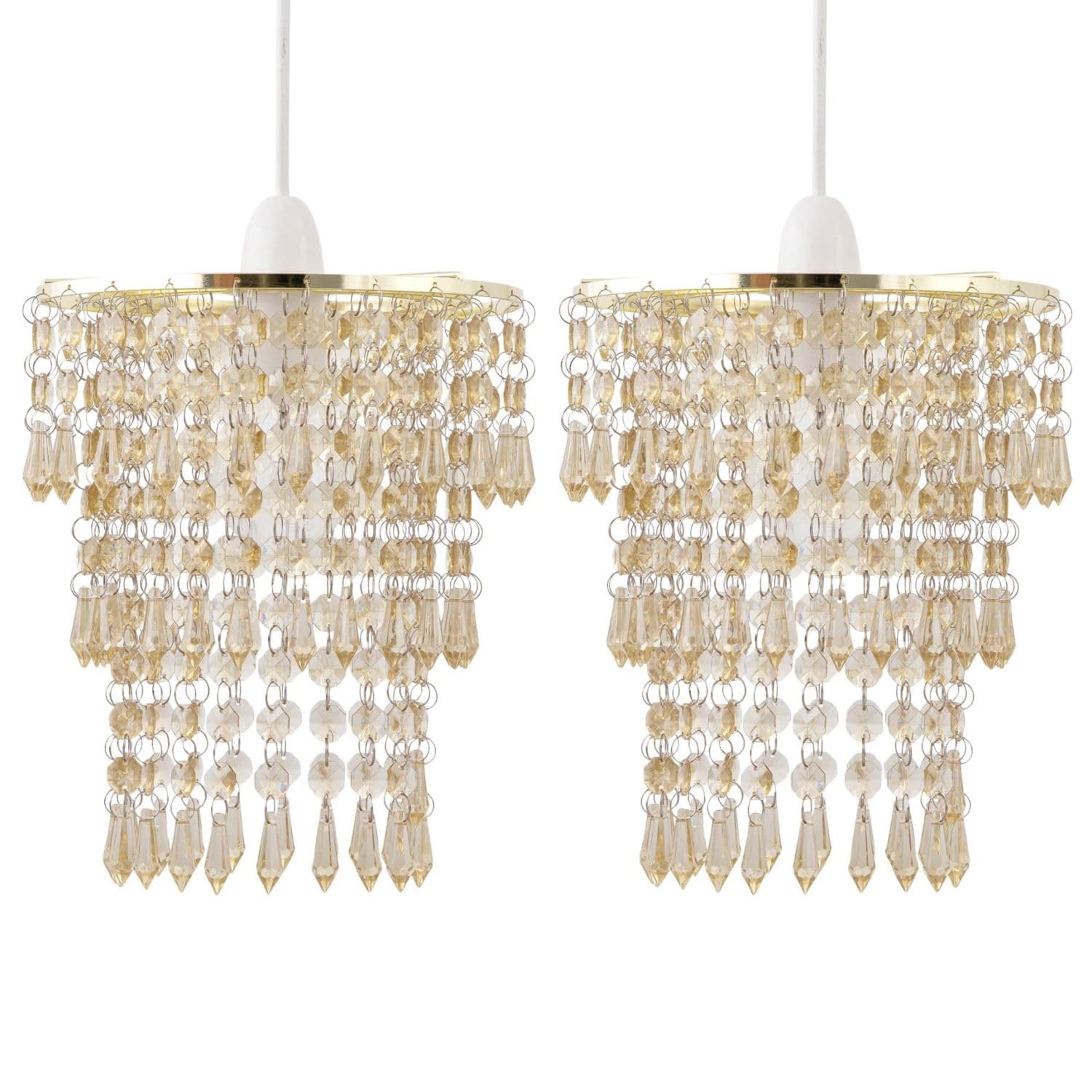 Set of 2 Amber Jewel Tiered Light Shades - Gold Finish - Easy Fit - 24cm Height x 19cm Diameter