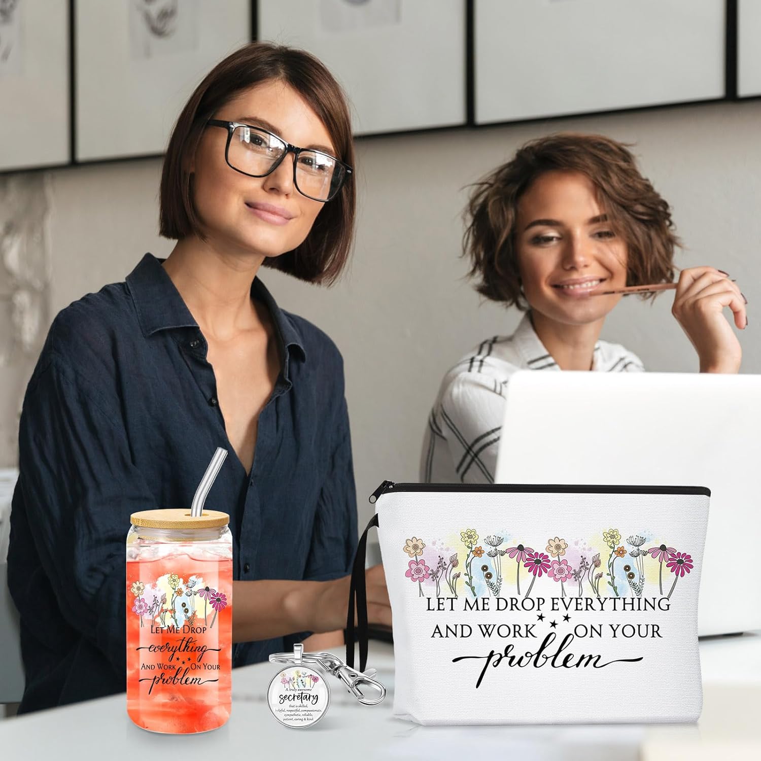 Paterr Secretary Appreciation Gift for Women 1 Glass Cup Tumbler with Lid and Straw 1 Travel Makeup Bag 1 Inspirational Keychain Thank You Gifts for Best Secretary Employee Office - Image 6