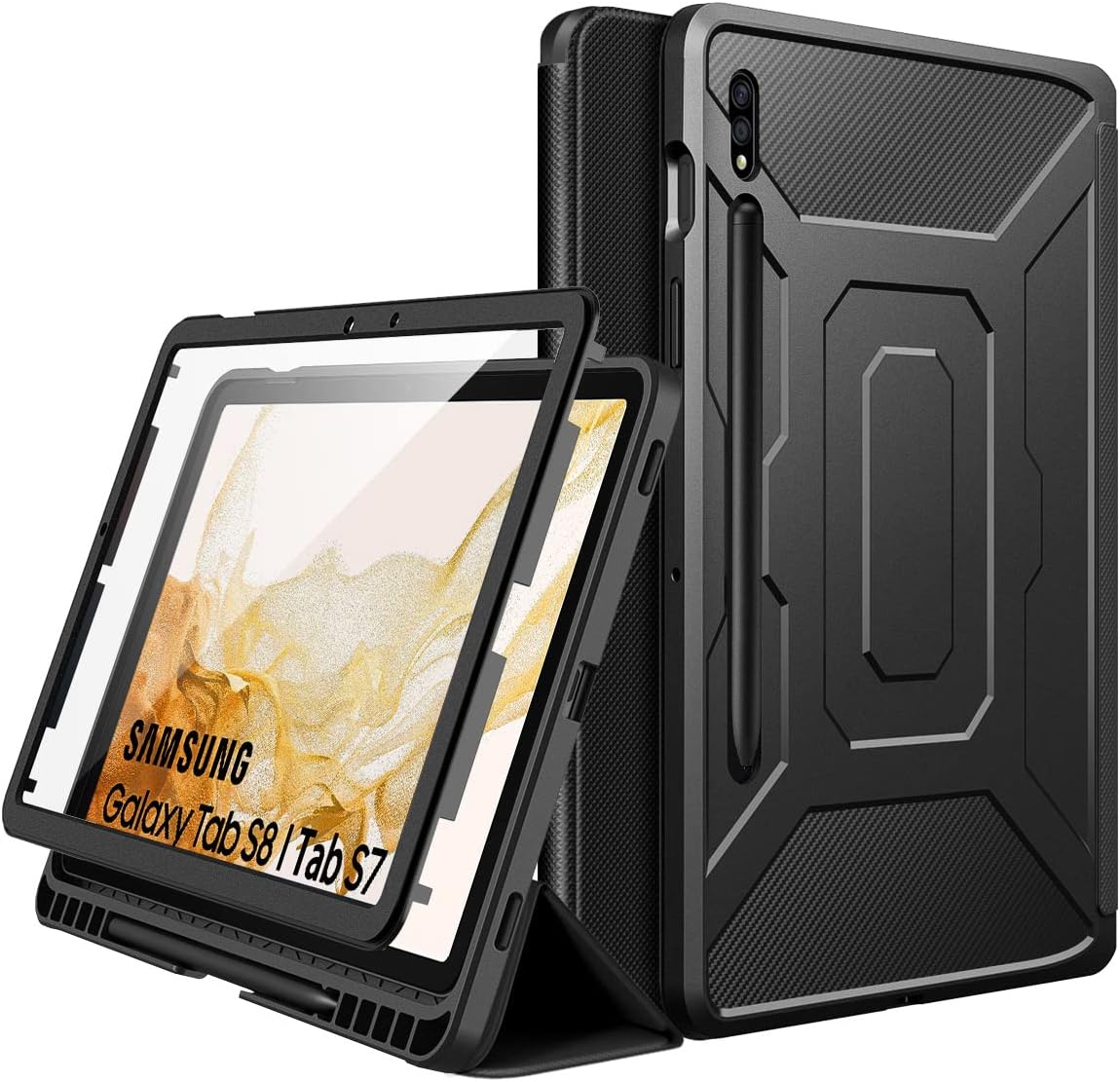 MoKo Case for Samsung Galaxy Tab S8 11.0" 2022 (SM-X700/SM-X706) / Tab S7 11" 2020 with S-Pen Holder, [Built-in Screen Protector] Shockproof Trifold Stand Case with Auto-Wake, Black