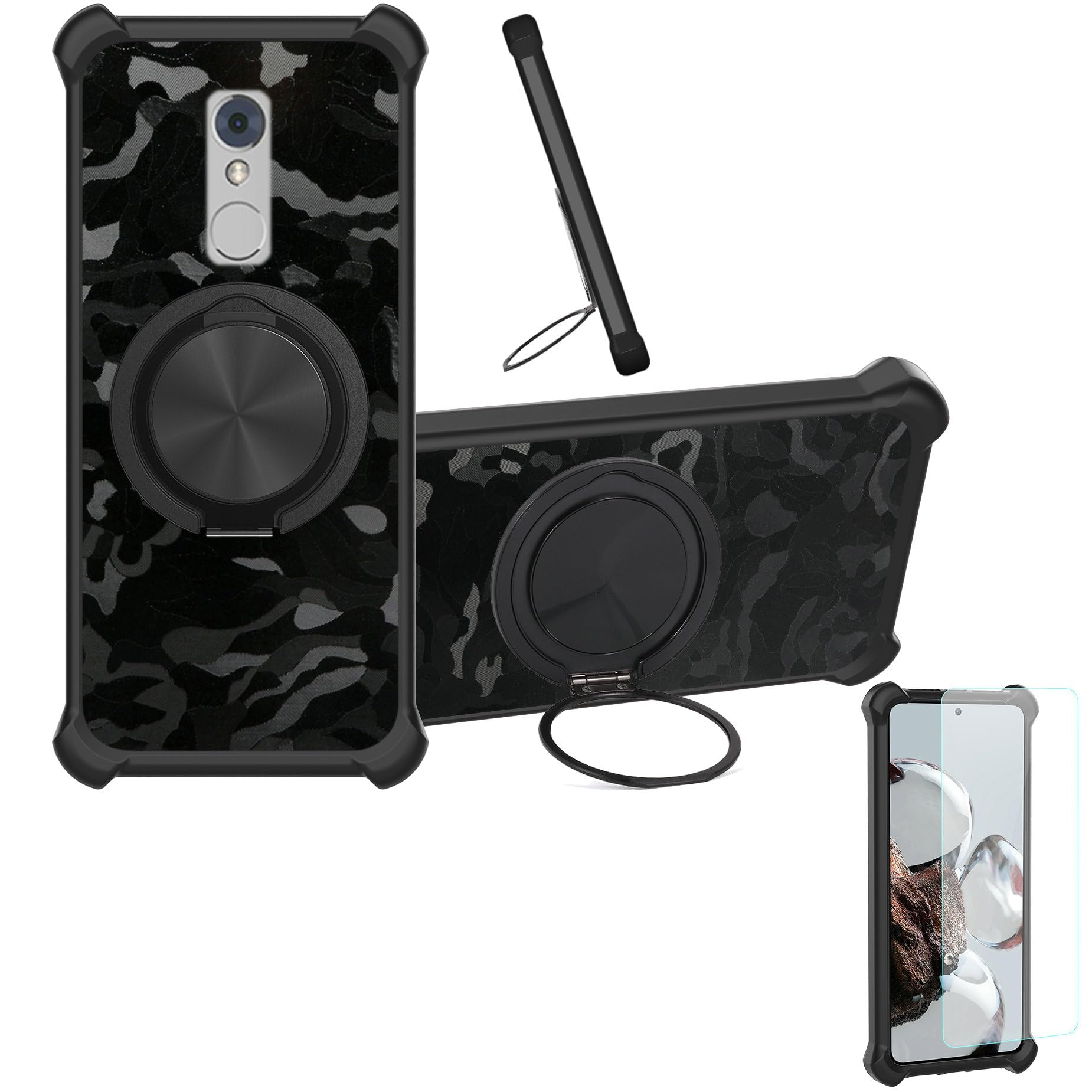 Case Compatible for Tecno Pop 5 Pro Phone Case Cover [with 1* Tempered Glass Screen Protector] Hybrid Case[360°Ring Support, Magnetic] CX-26-HEI