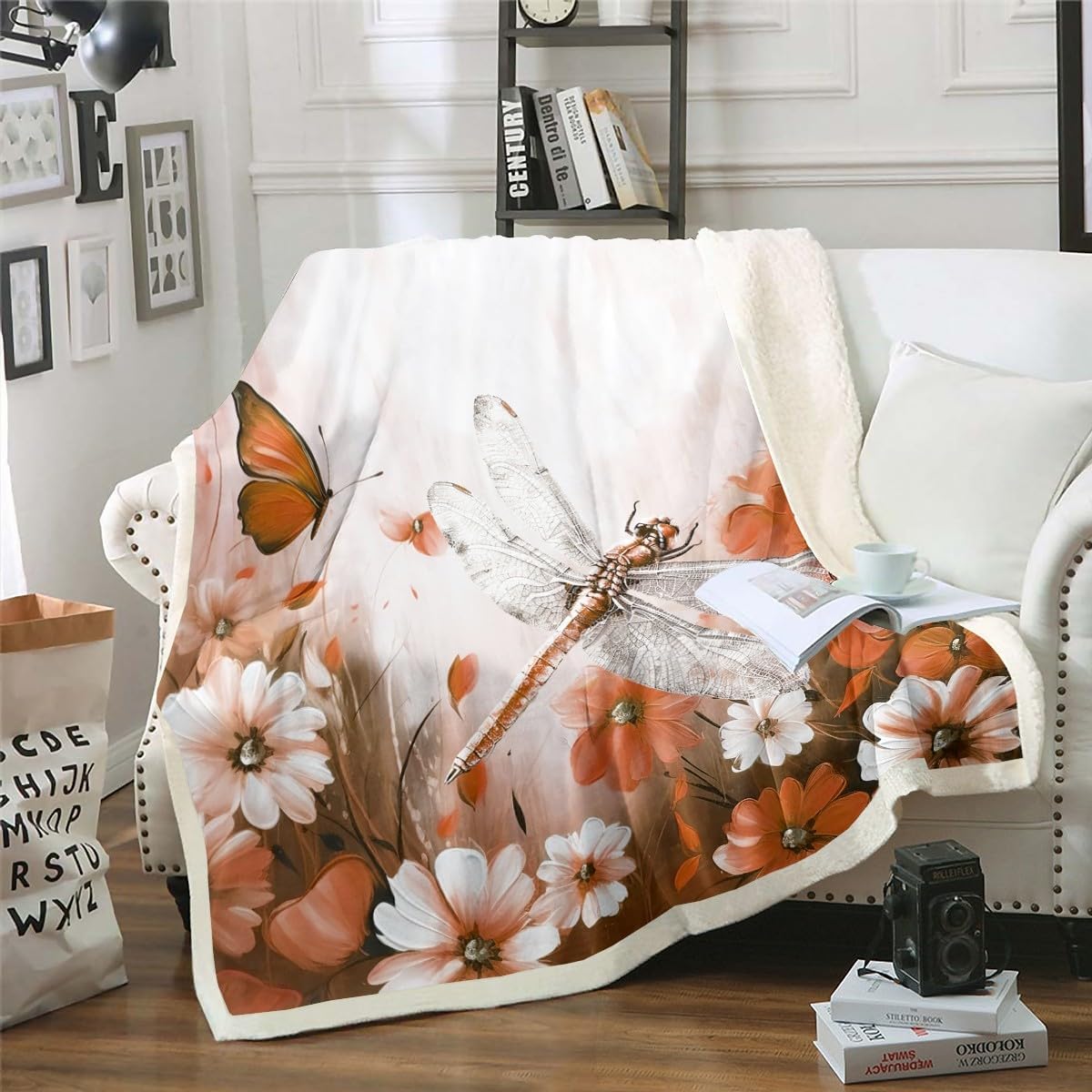 Erosebridal Dragonfly Blanket Daisy Flowers 90"x90" Throw Blanket,Orange Ombre Oil Painting Fleece Blanket Graffiti Art Bed Blanket Rustic Animals Butterfly Bohemian Decor