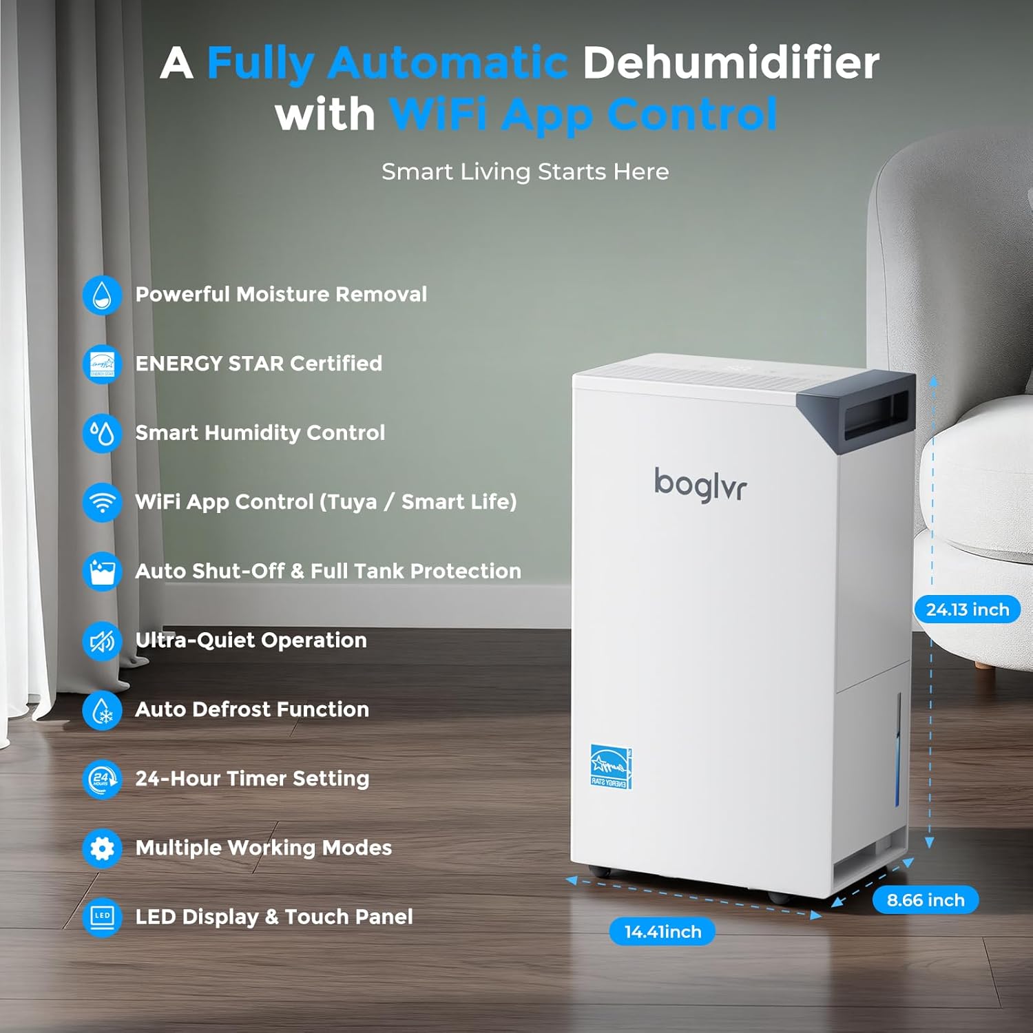 boglvr LIBRA 80 Pint Smart Dehumidifier with key features and dimensions highlighted.