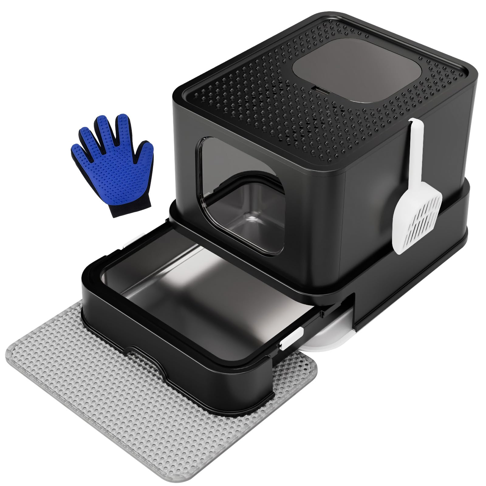 RIZZARI Stainless Steel Cat Box: Spacious Black Enclosed Top-Entry - Teflon Coated Pan Resists Sticking - Reduces Tracking & Odor - Leakproof & Easy to Clean - Fits Large Cats in Living Room Garage - image 8