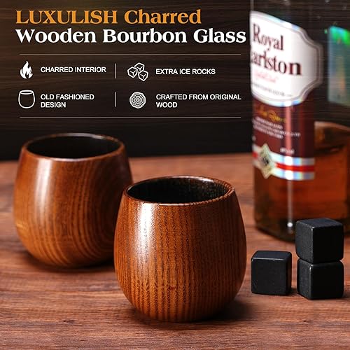 Miniatura 2 de Vaso de bourbon de madera carbonizada, incluye 3 rocas de whisky de hielo, la taza de madera original de bourbon para beber, vasos de whisky a la